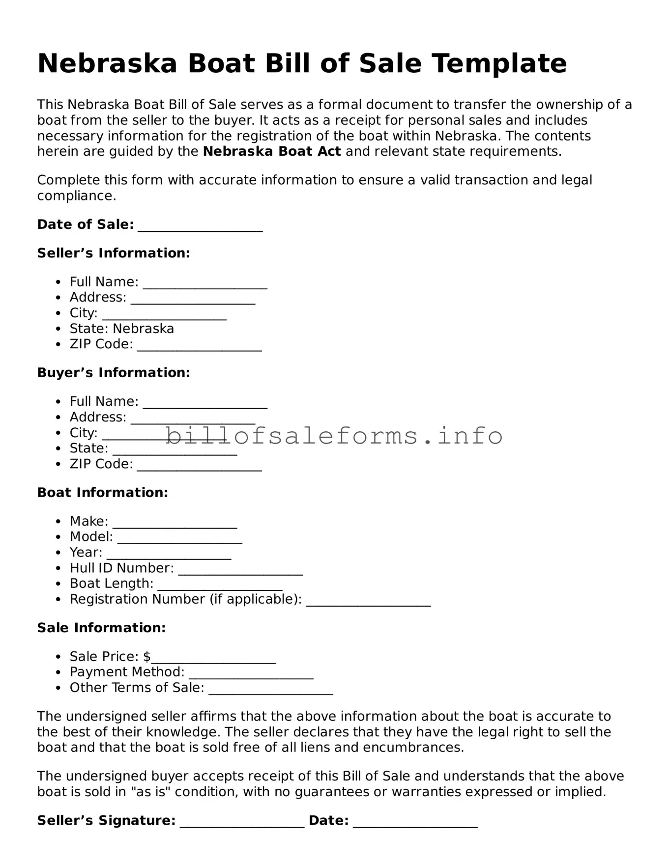 Legal Boat Bill of Sale Form for Nebraska State