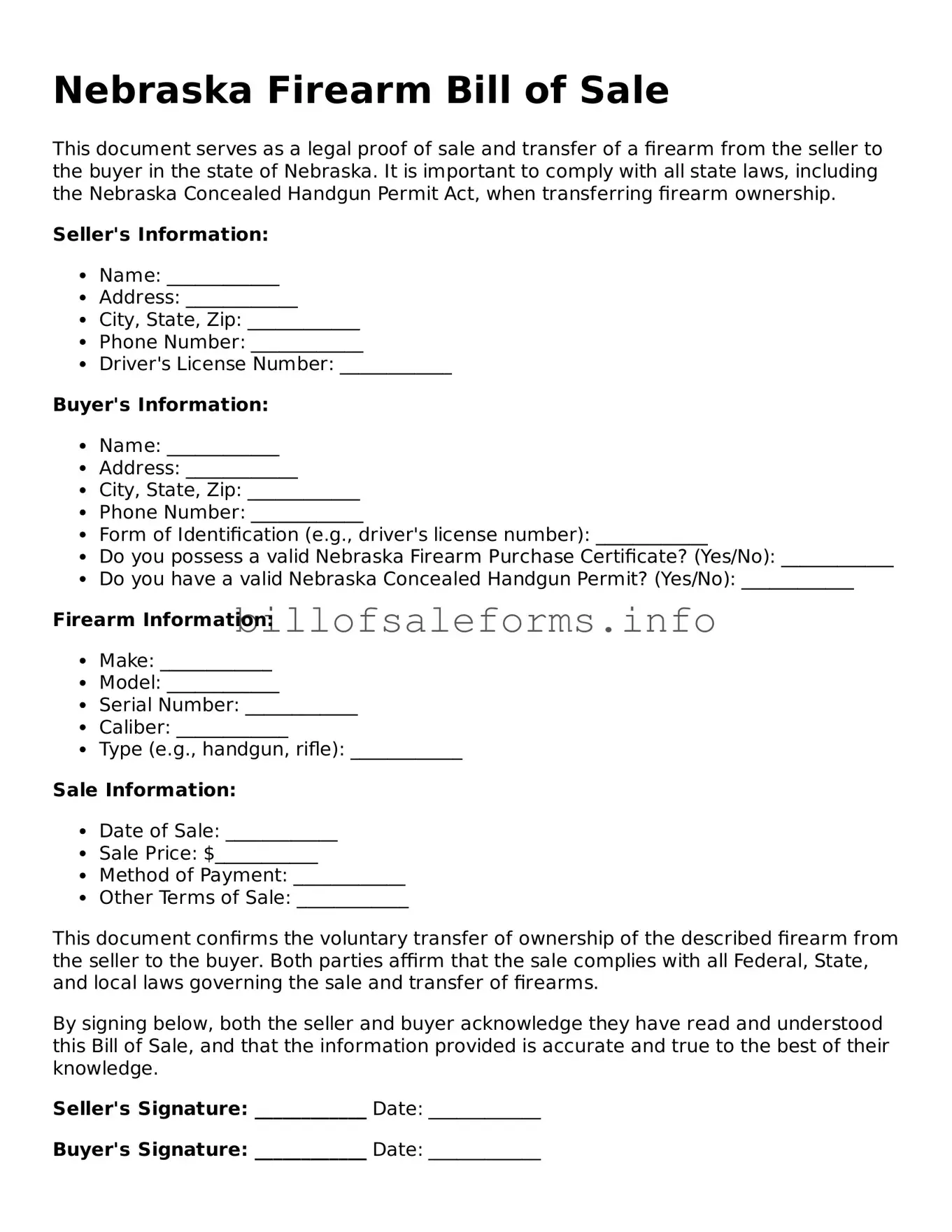 Legal Firearm Bill of Sale Form for Nebraska State