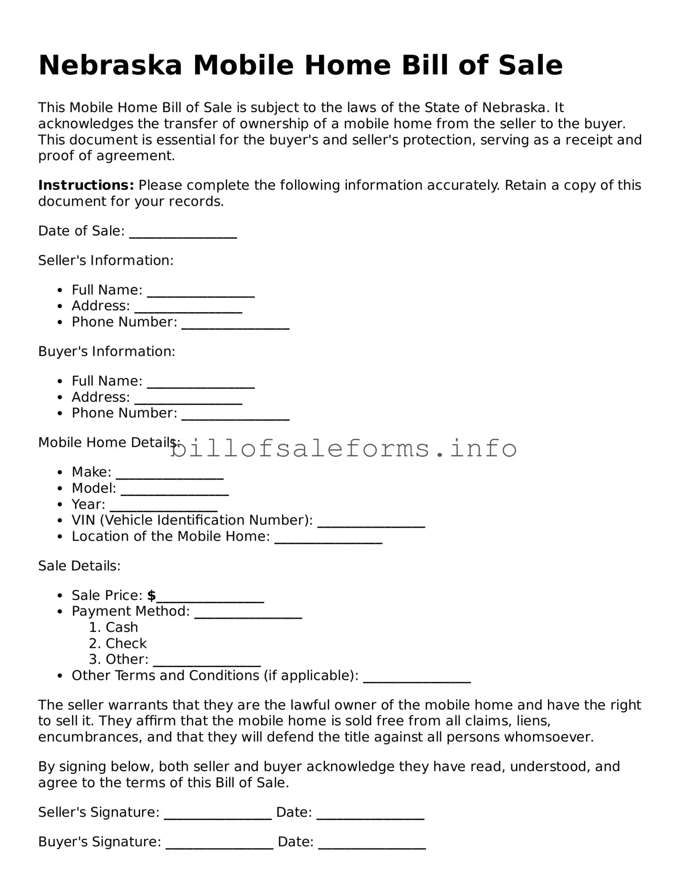 Legal Mobile Home Bill of Sale Form for Nebraska State