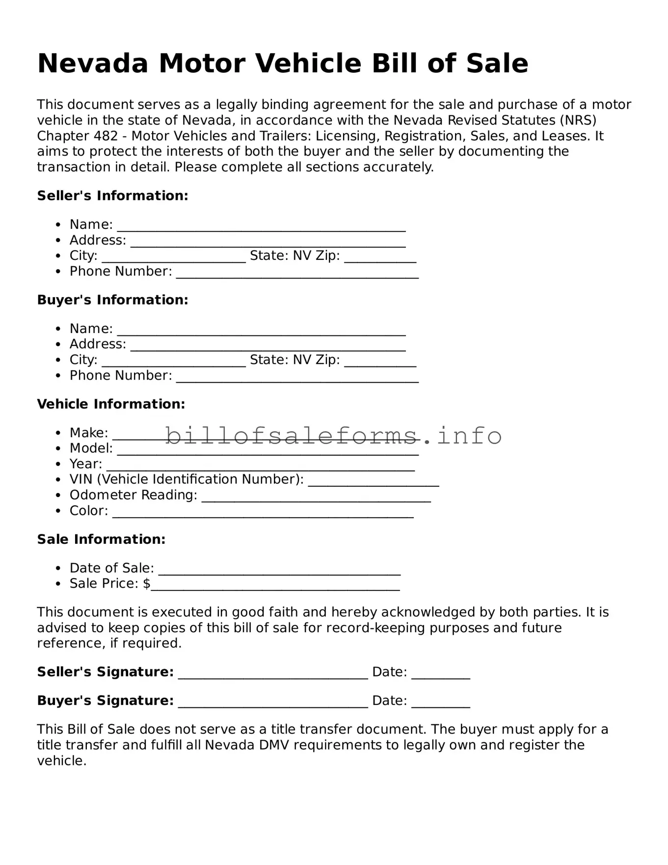 Legal Motor Vehicle Bill of Sale Form for Nevada State