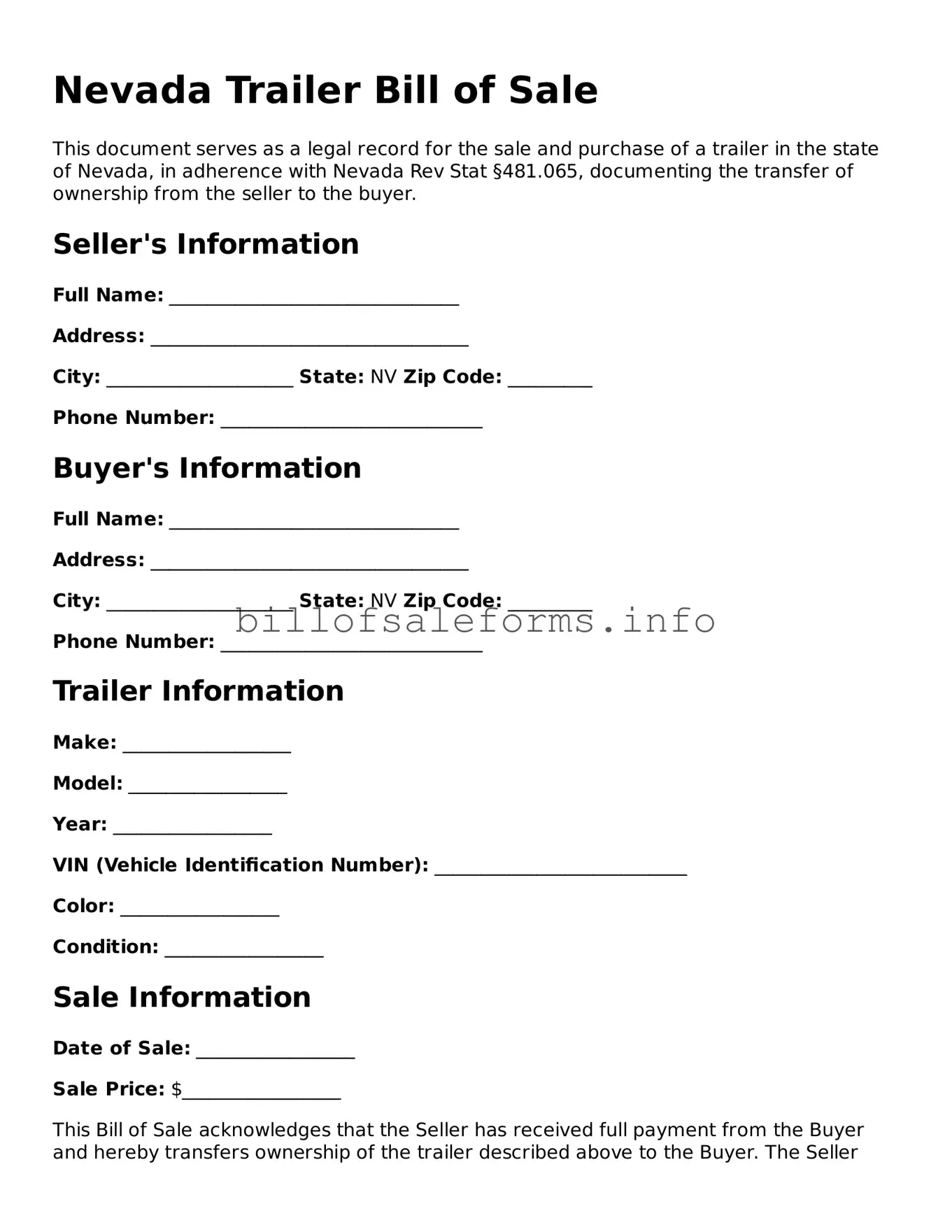Legal Trailer Bill of Sale Form for Nevada State
