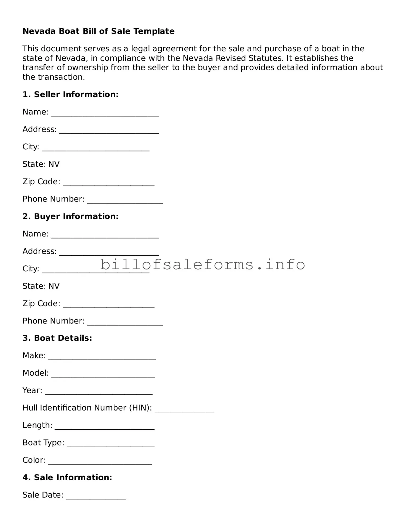 Legal Boat Bill of Sale Form for Nevada State