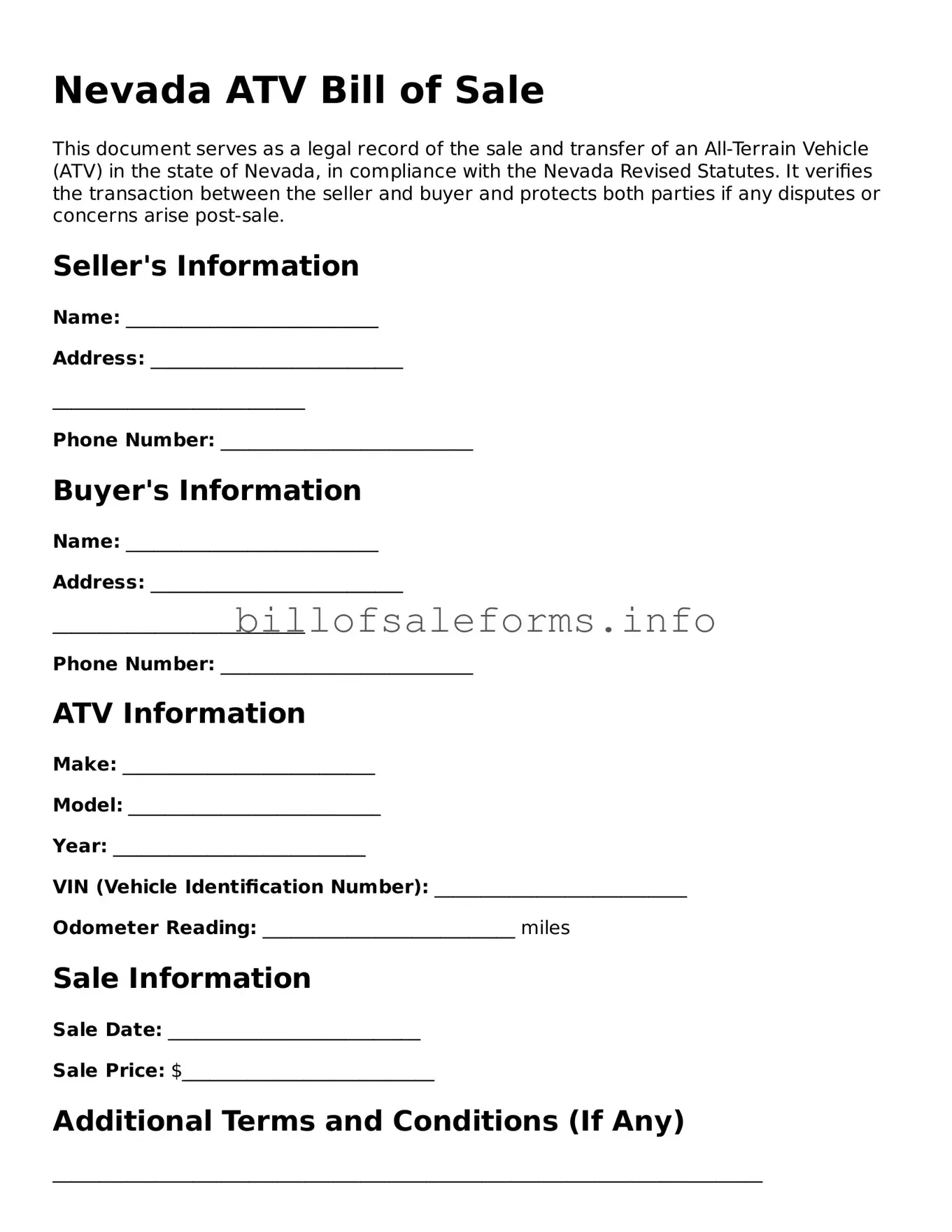 Legal ATV Bill of Sale Form for Nevada State