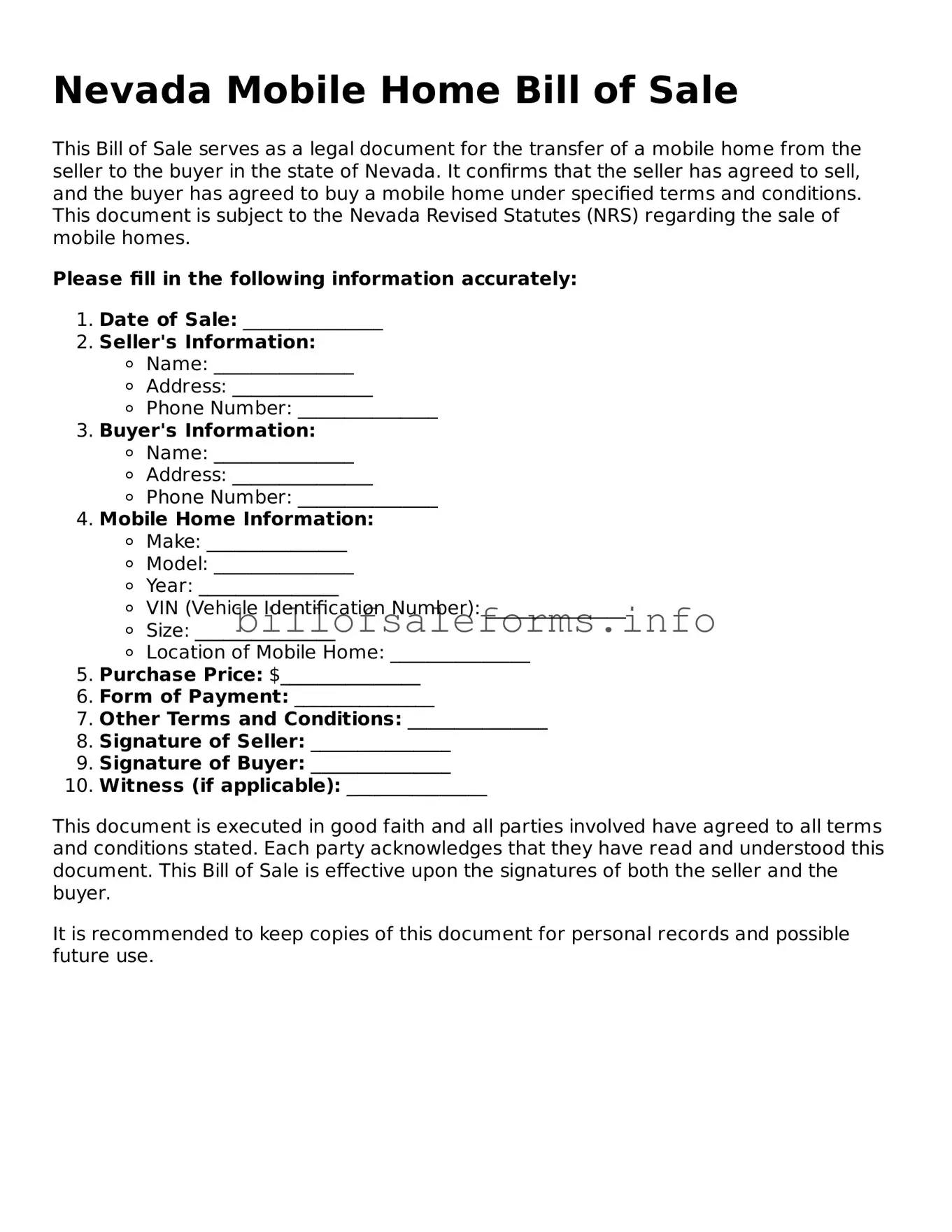 Legal Mobile Home Bill of Sale Form for Nevada State