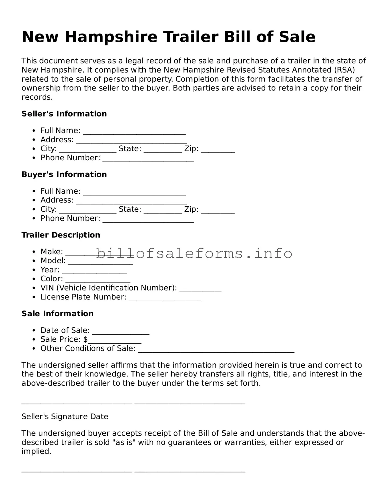 Legal Trailer Bill of Sale Form for New Hampshire State