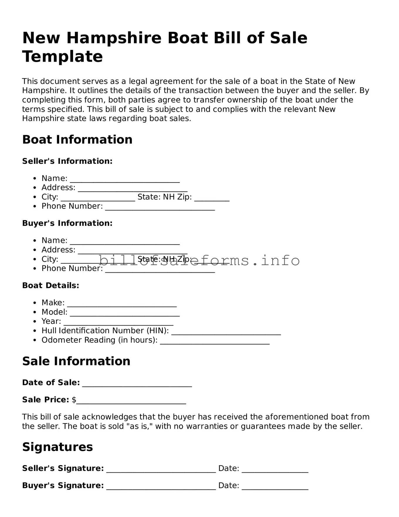 Legal Boat Bill of Sale Form for New Hampshire State