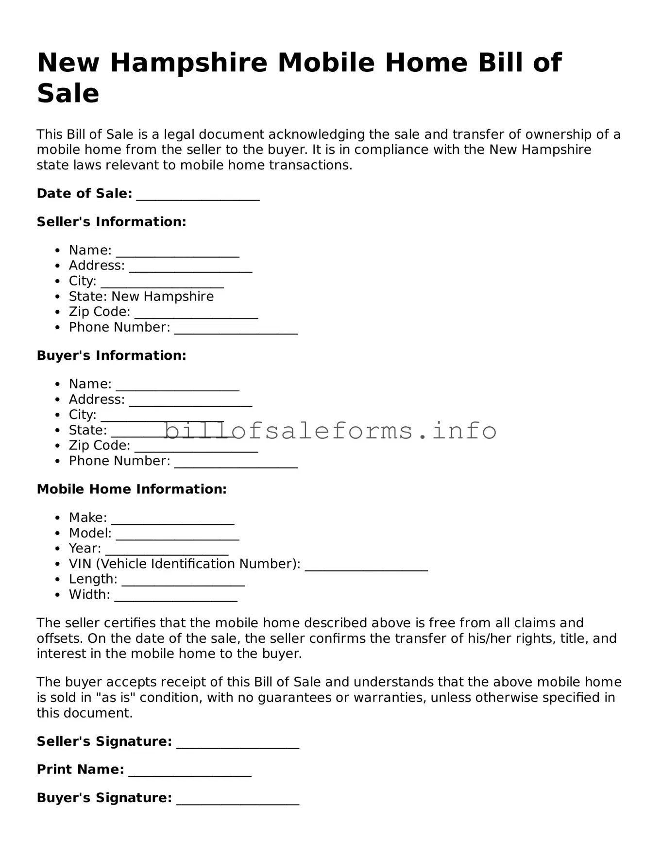 Legal Mobile Home Bill of Sale Form for New Hampshire State