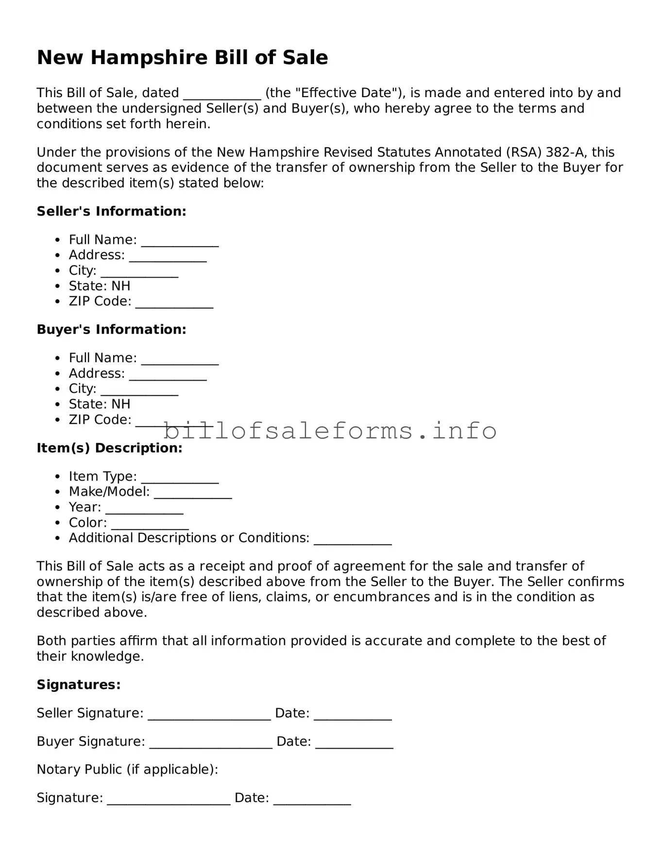 Legal Bill of Sale Form for New Hampshire State