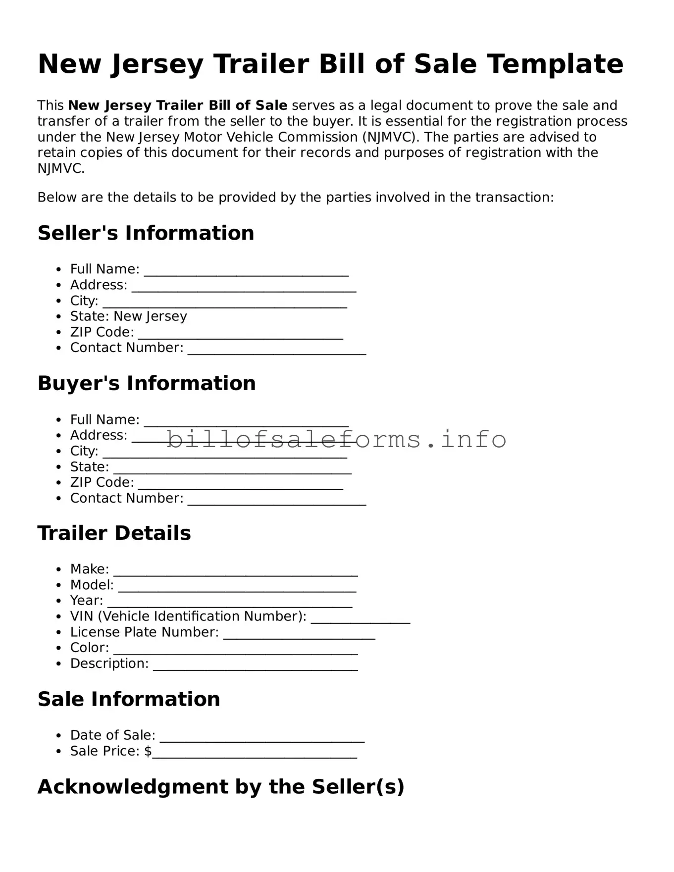 Legal Trailer Bill of Sale Form for New Jersey State