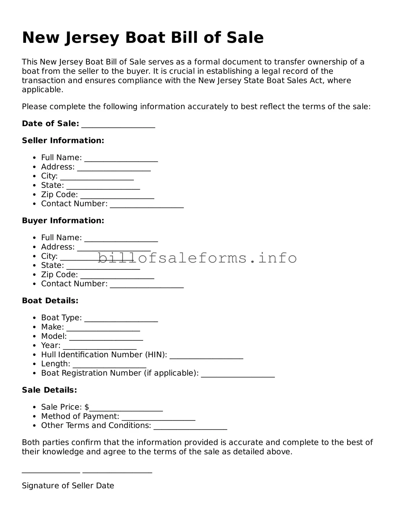 Legal Boat Bill of Sale Form for New Jersey State