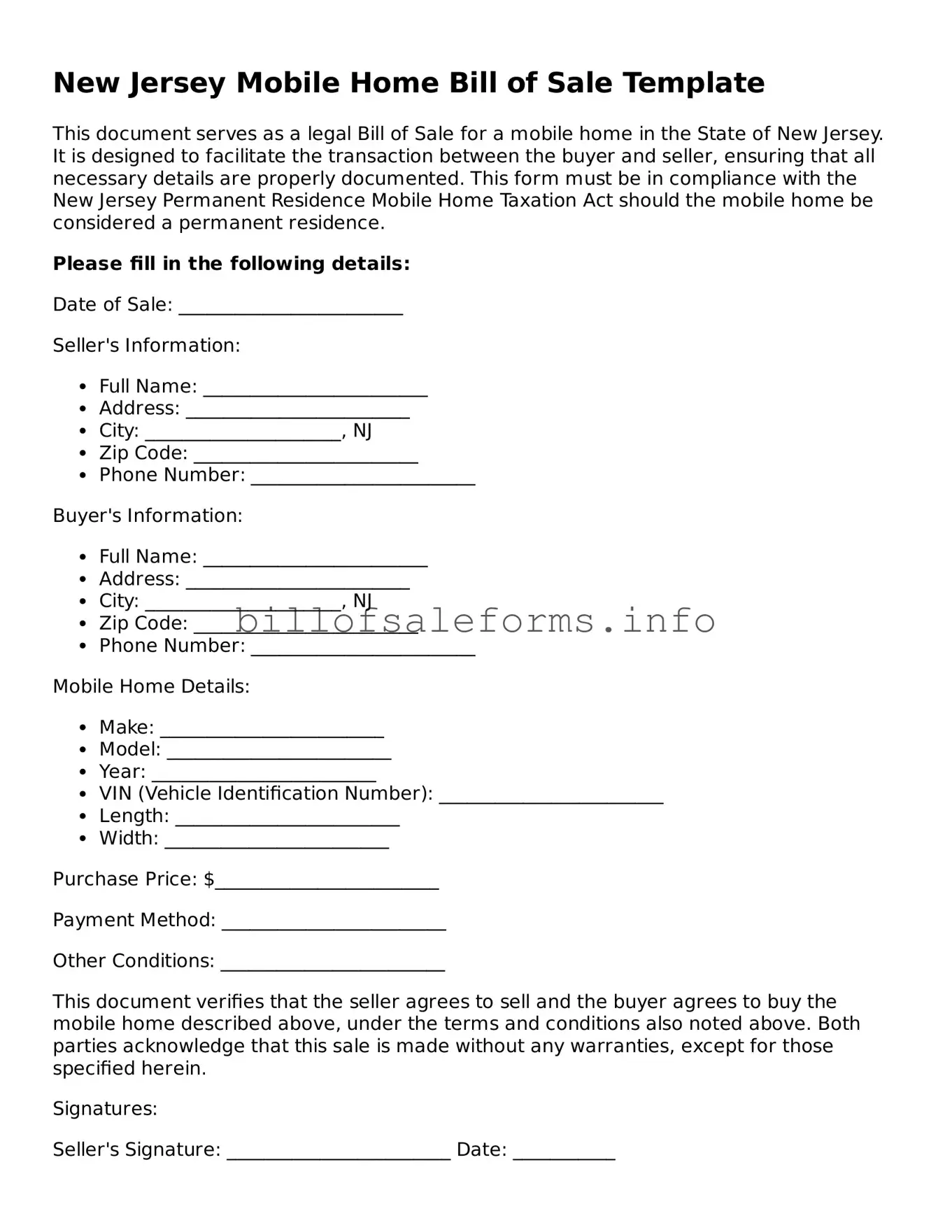 Legal Mobile Home Bill of Sale Form for New Jersey State