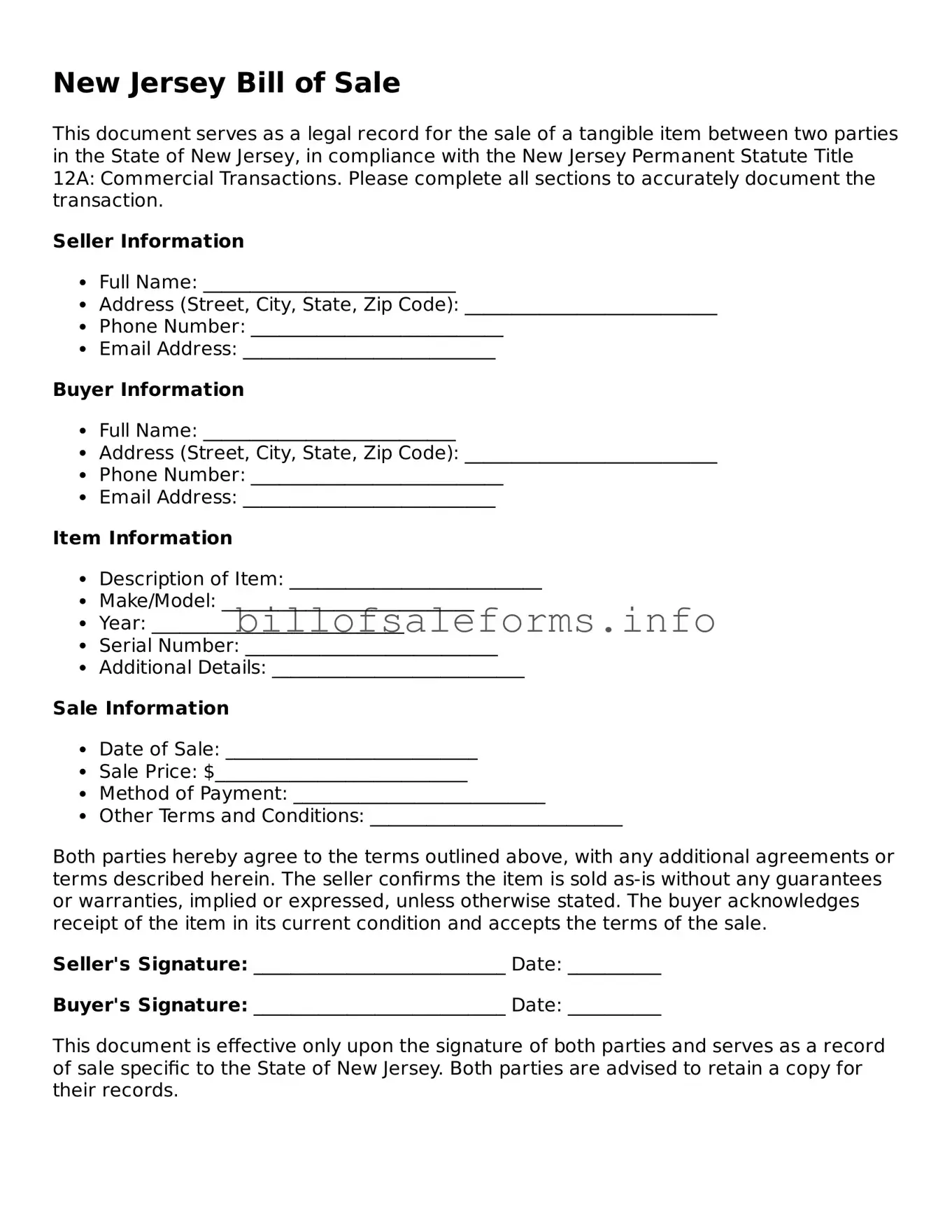Legal Bill of Sale Form for New Jersey State