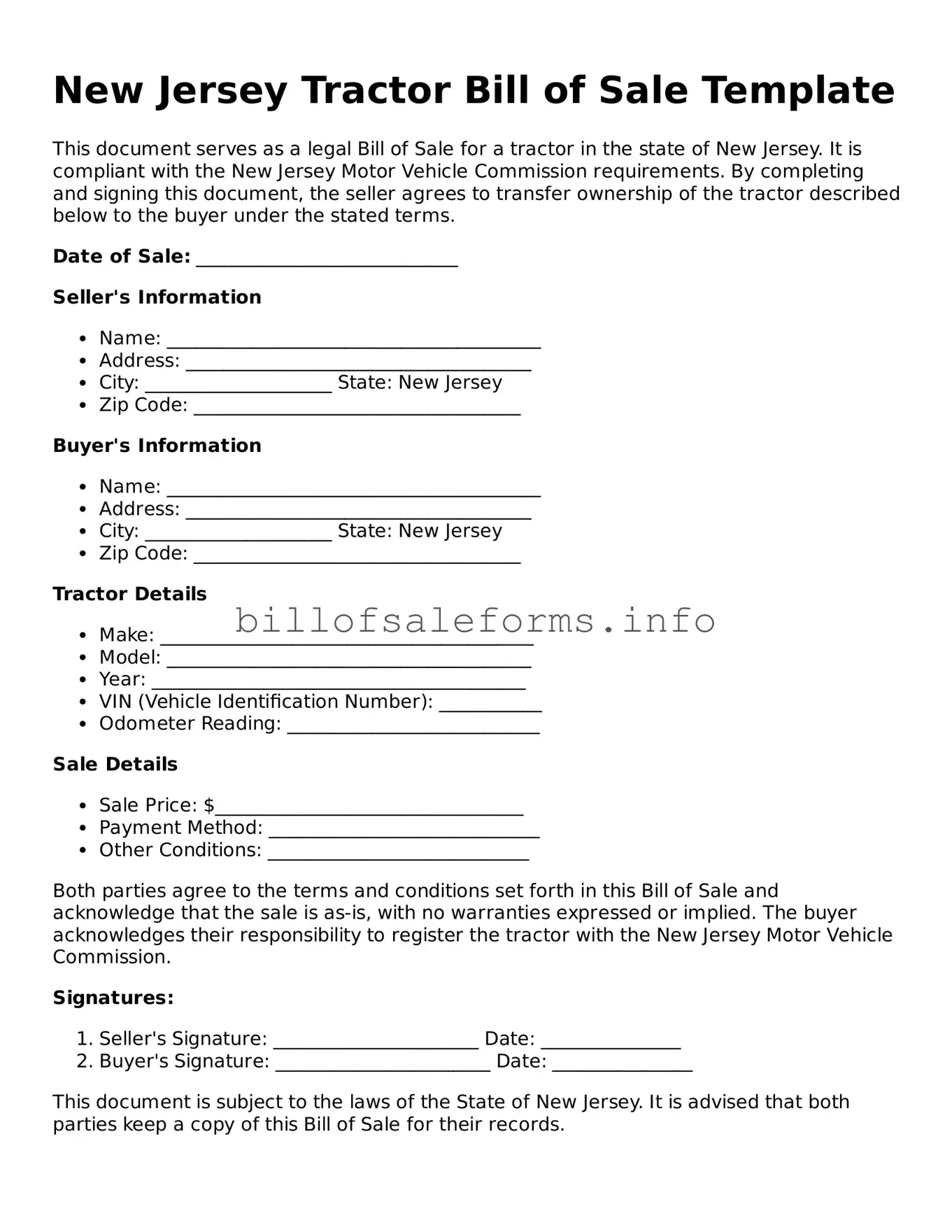 Legal Tractor Bill of Sale Form for New Jersey State