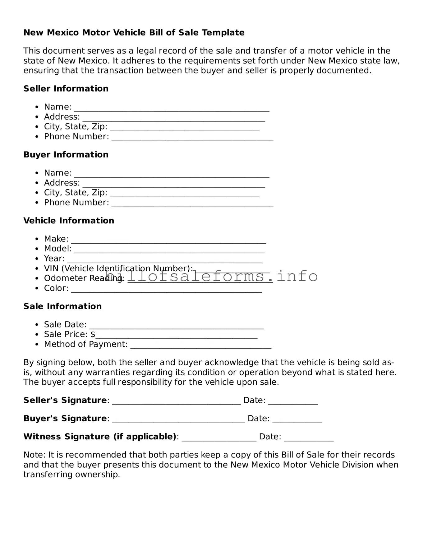 Legal Motor Vehicle Bill of Sale Form for New Mexico State