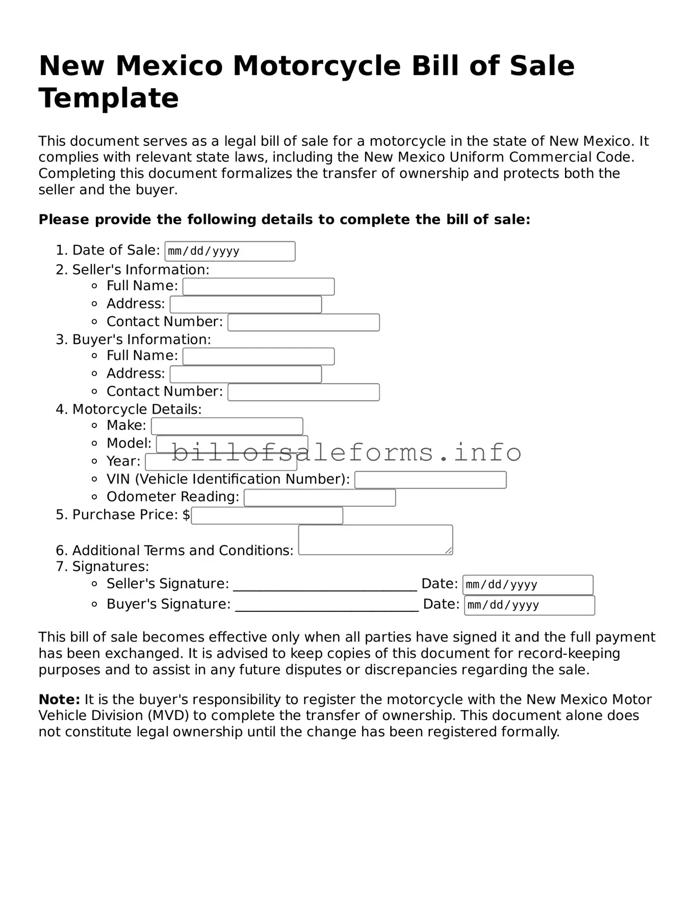 Legal Motorcycle Bill of Sale Form for New Mexico State