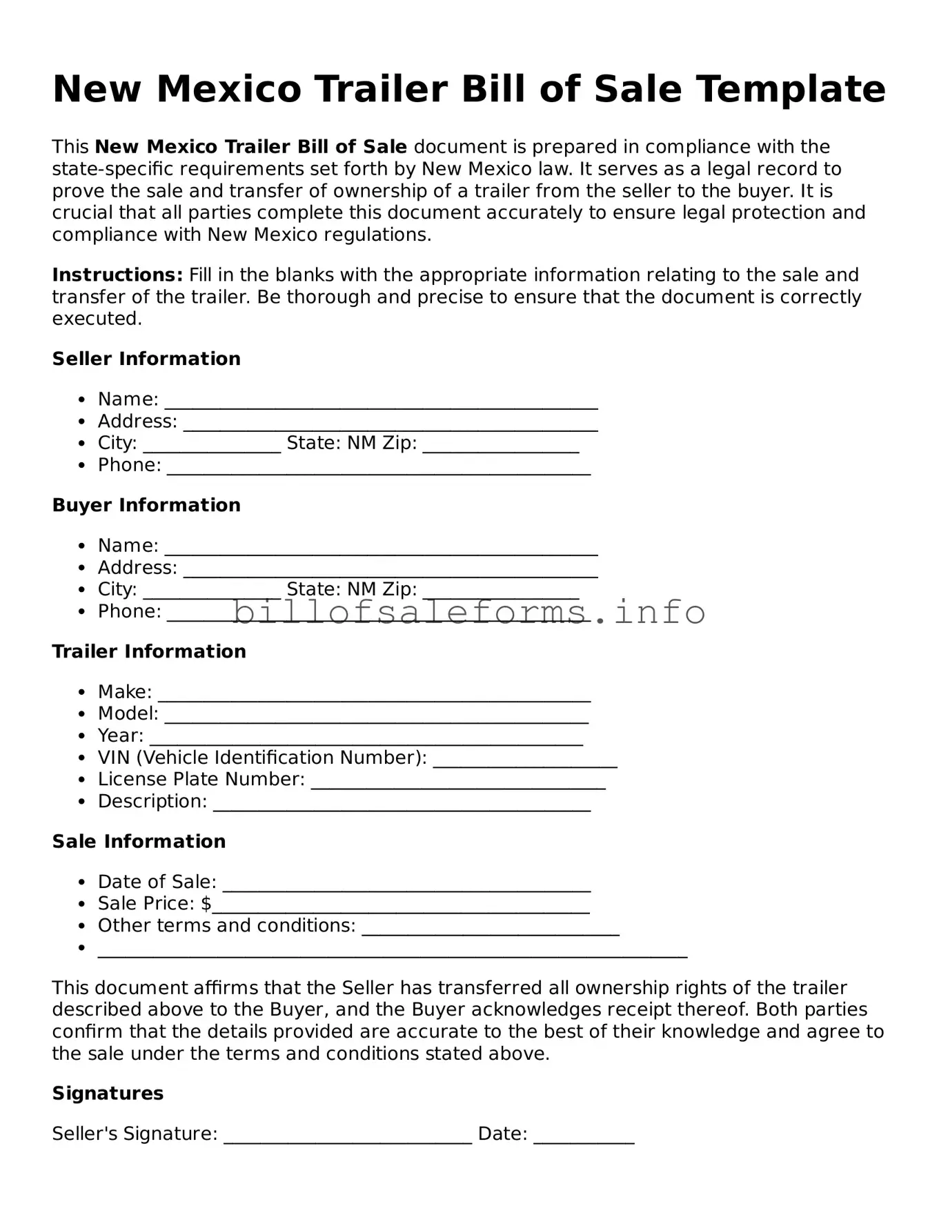 Legal Trailer Bill of Sale Form for New Mexico State