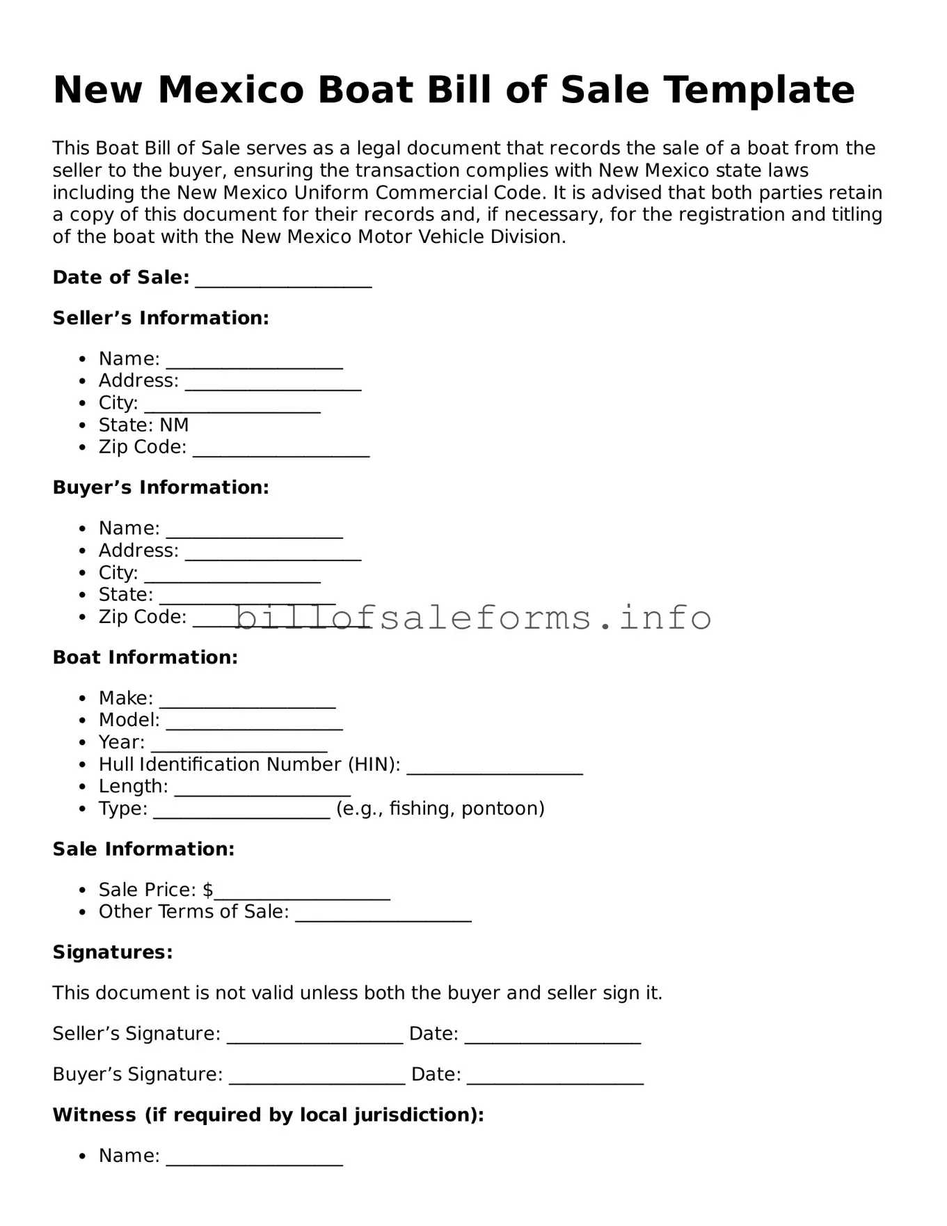 Legal Boat Bill of Sale Form for New Mexico State