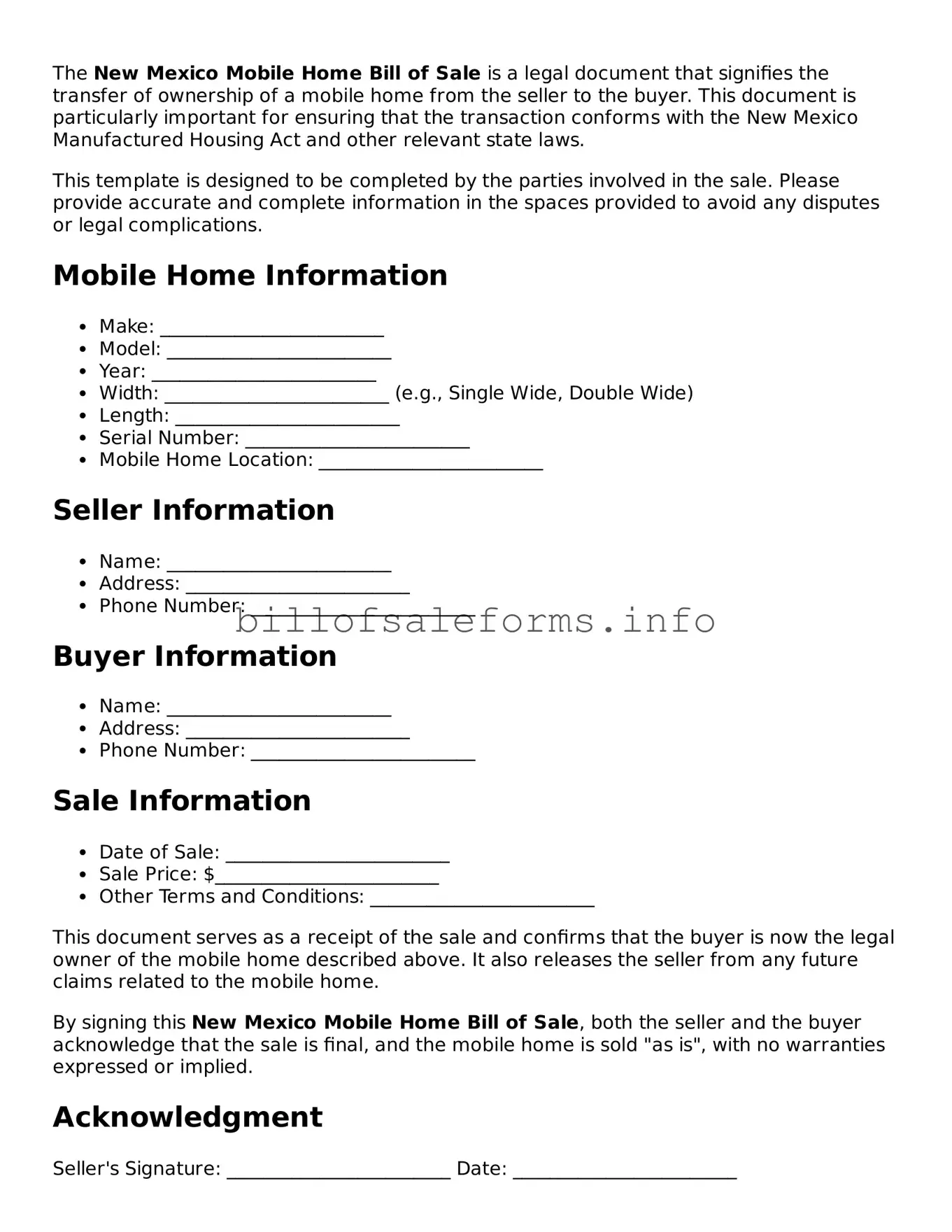 Legal Mobile Home Bill of Sale Form for New Mexico State