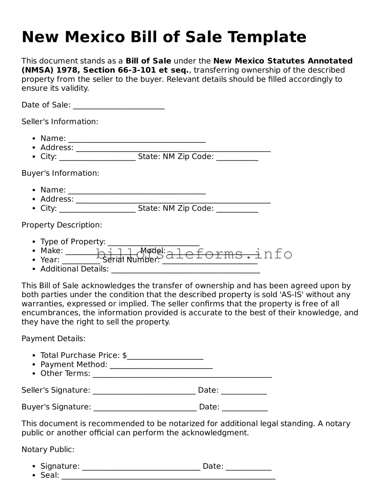 Legal Bill of Sale Form for New Mexico State