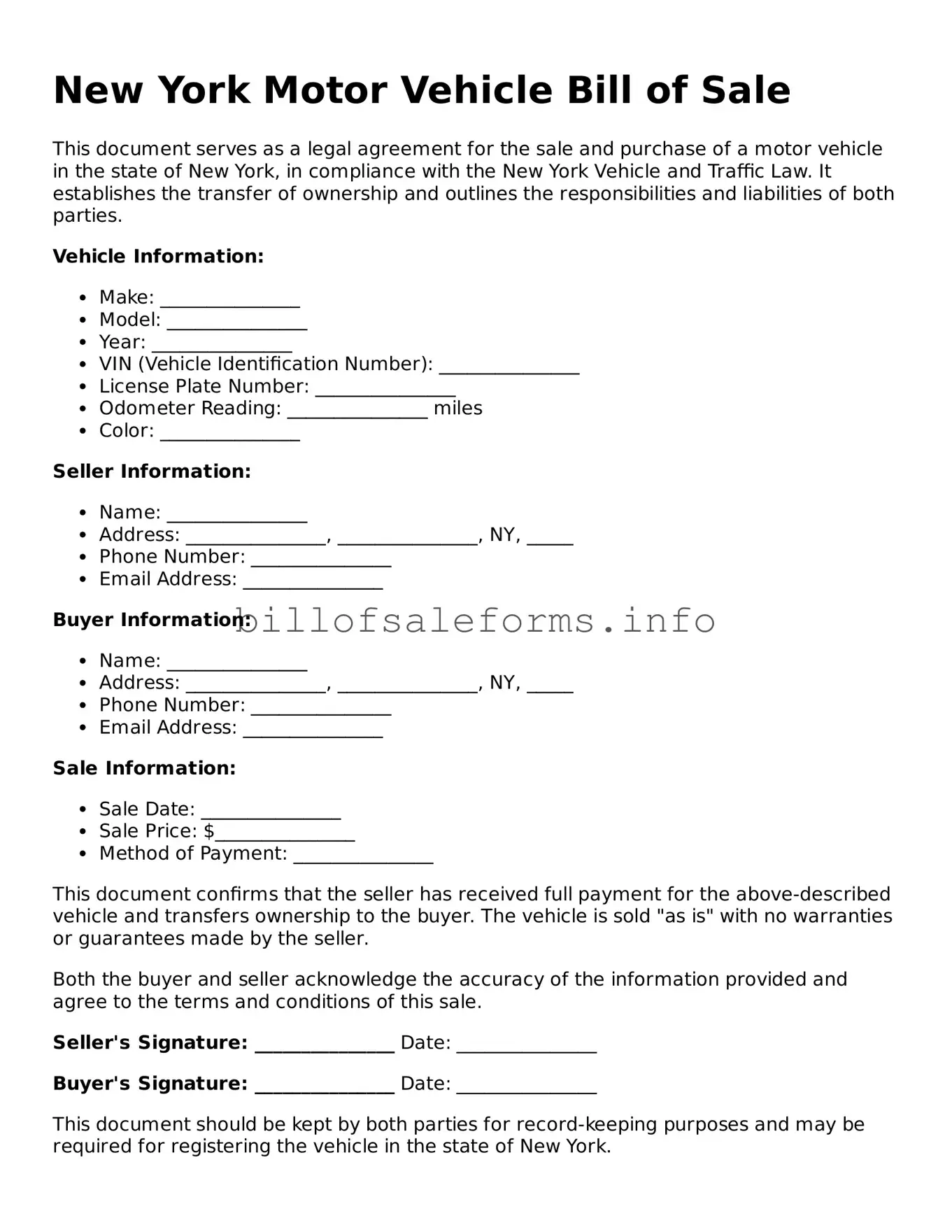 Legal Motor Vehicle Bill of Sale Form for New York State