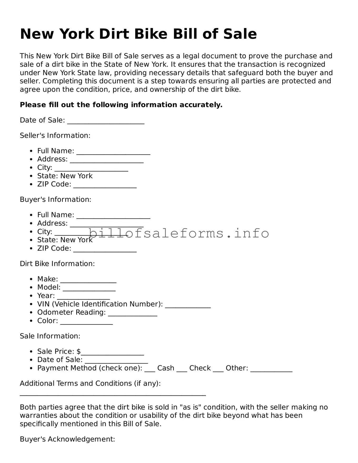 Legal Dirt Bike Bill of Sale Form for New York State