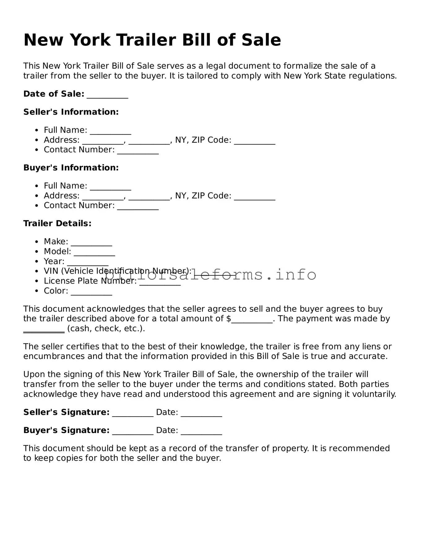 Legal Trailer Bill of Sale Form for New York State