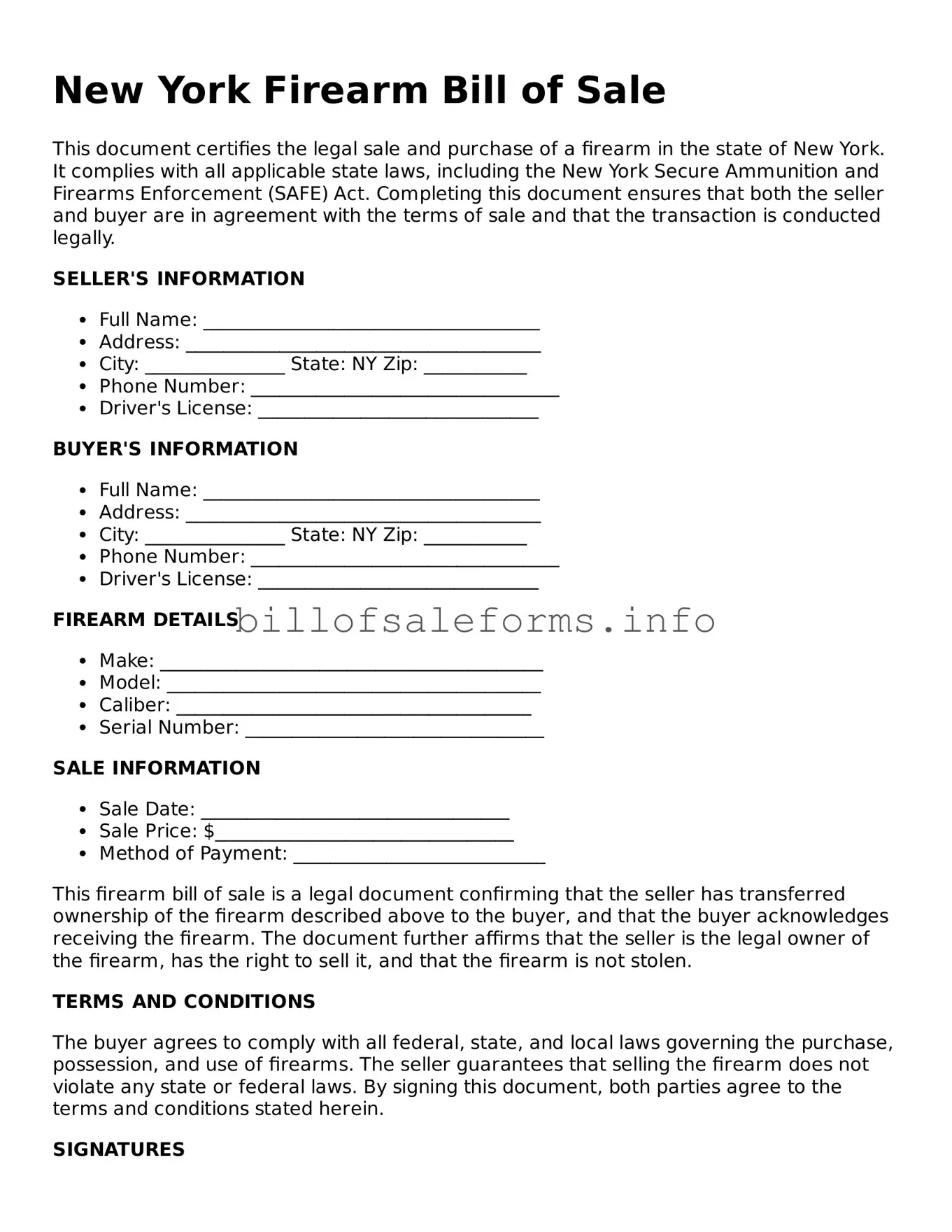 Legal Firearm Bill of Sale Form for New York State