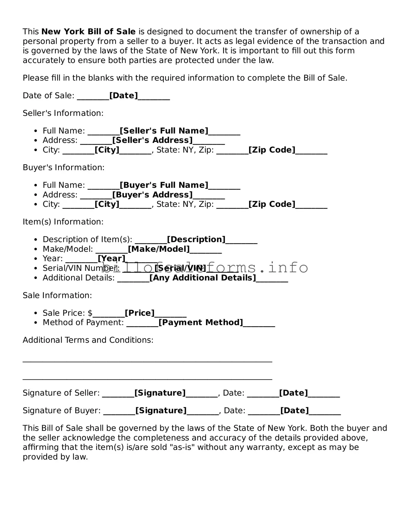 Legal Bill of Sale Form for New York State