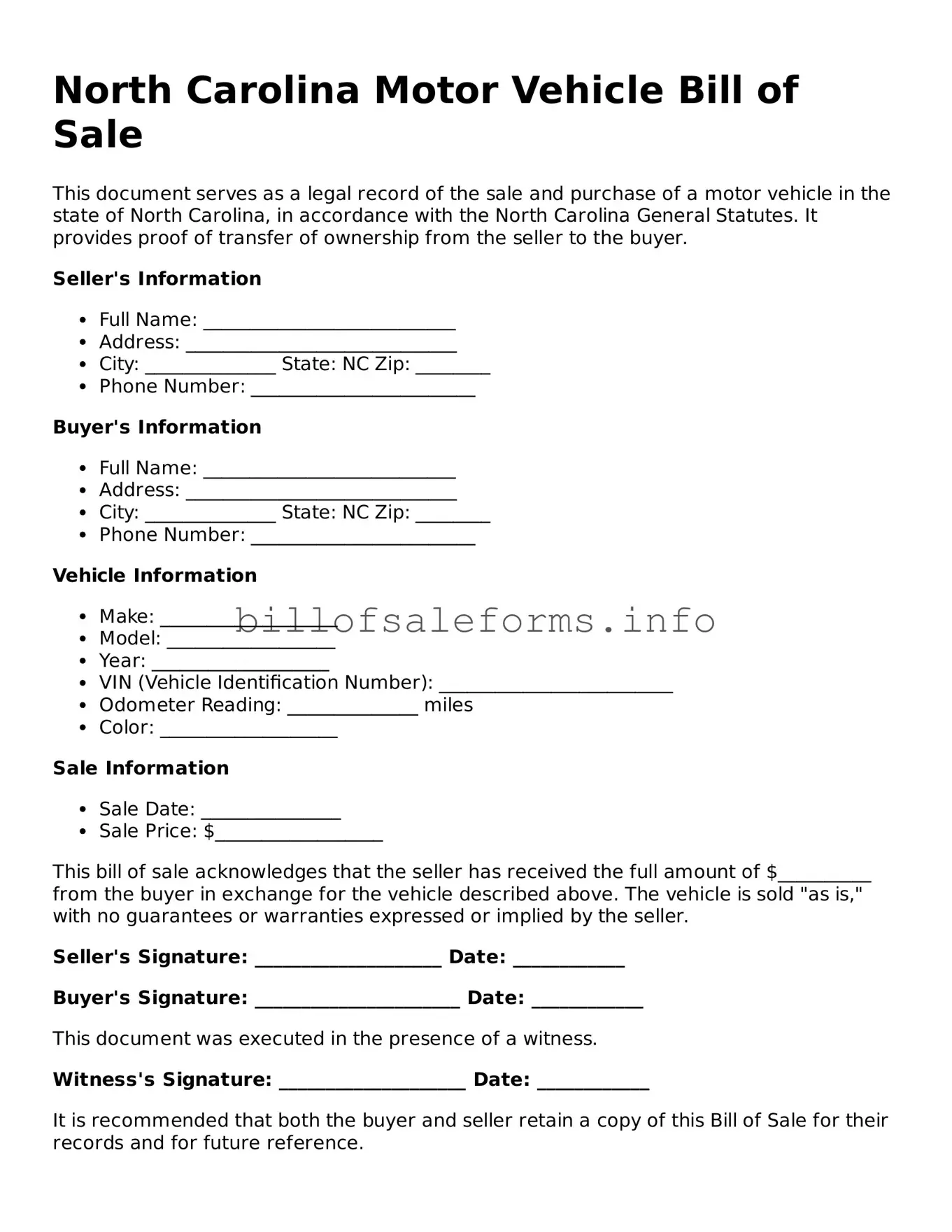 Legal Motor Vehicle Bill of Sale Form for North Carolina State