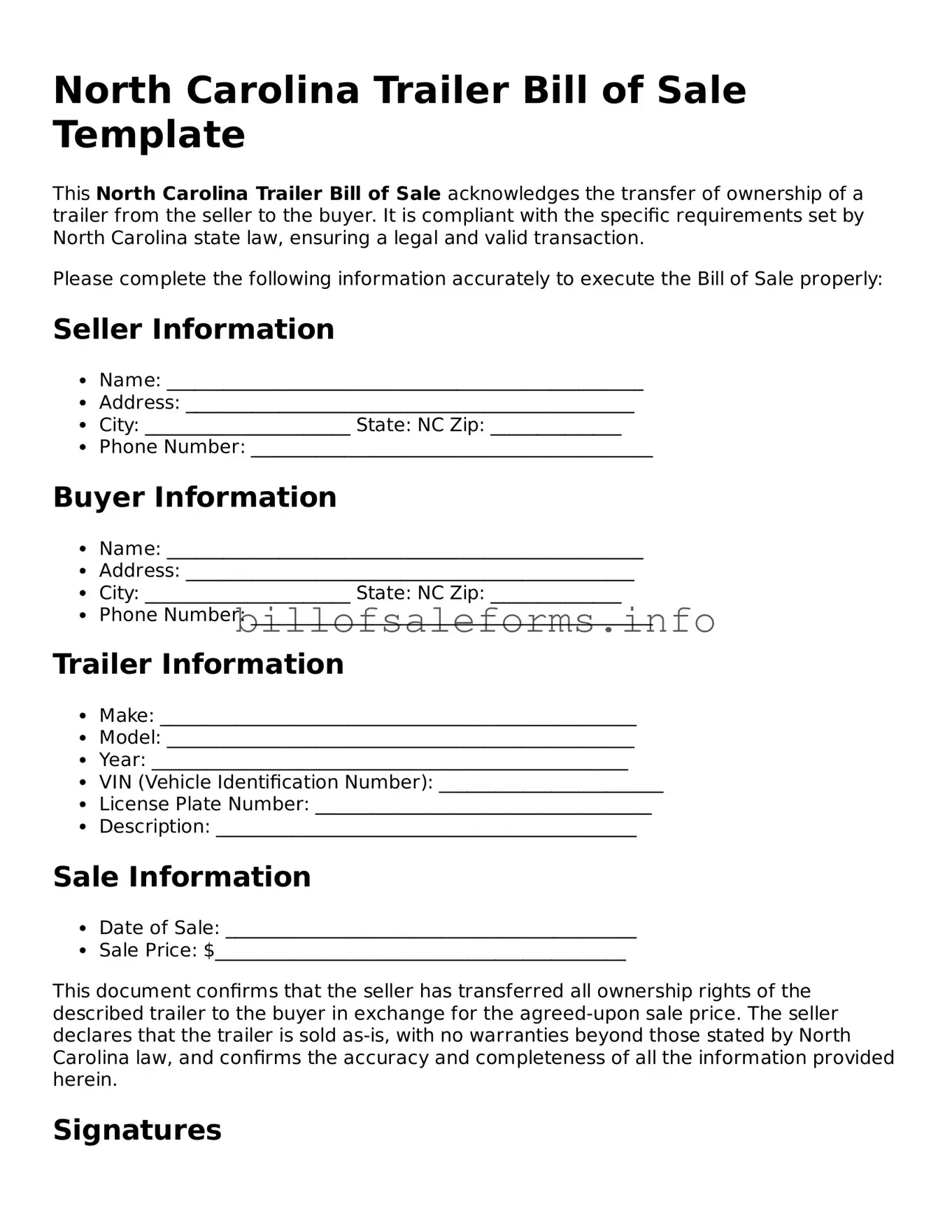 Legal Trailer Bill of Sale Form for North Carolina State