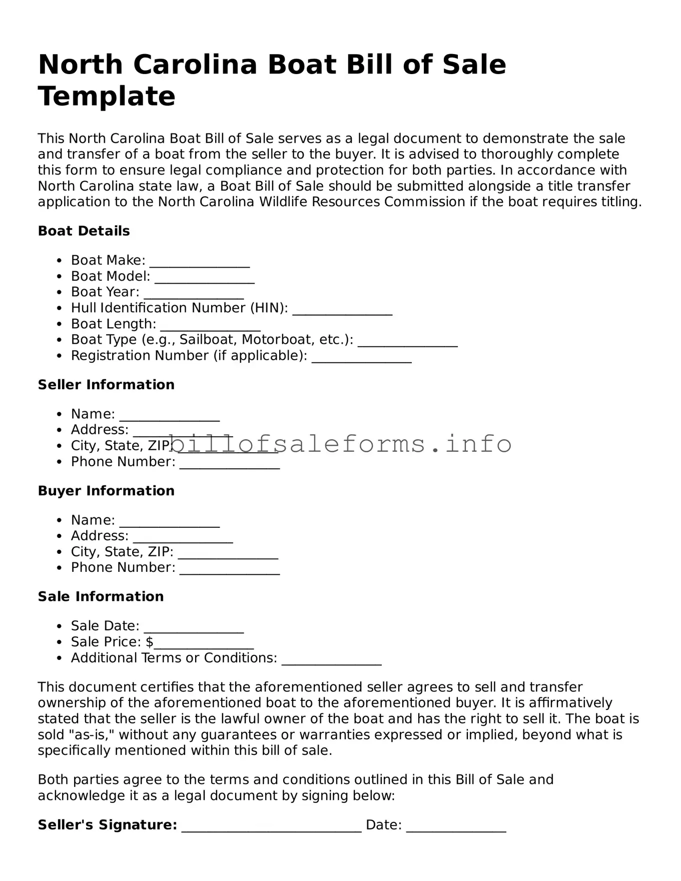 Legal Boat Bill of Sale Form for North Carolina State