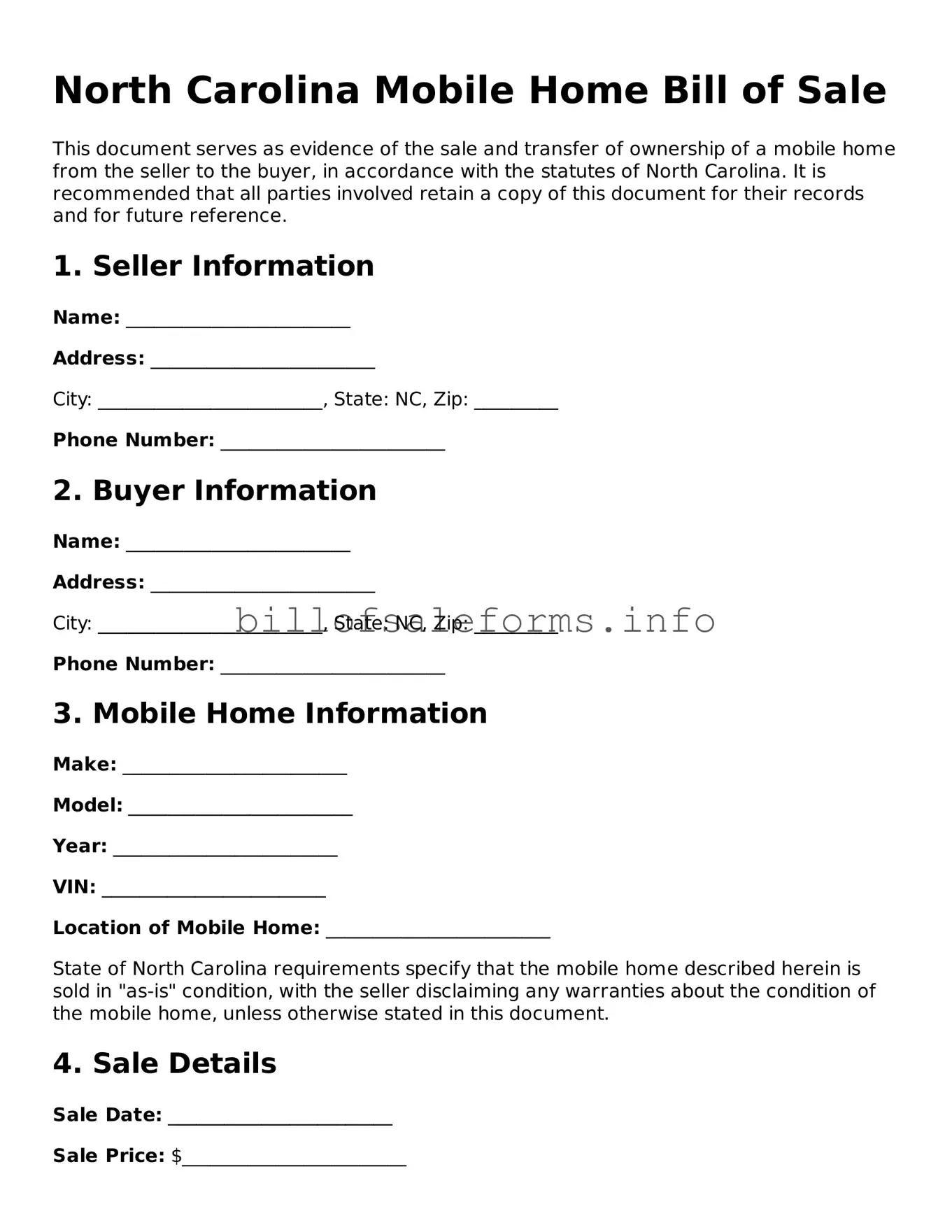 Legal Mobile Home Bill of Sale Form for North Carolina State