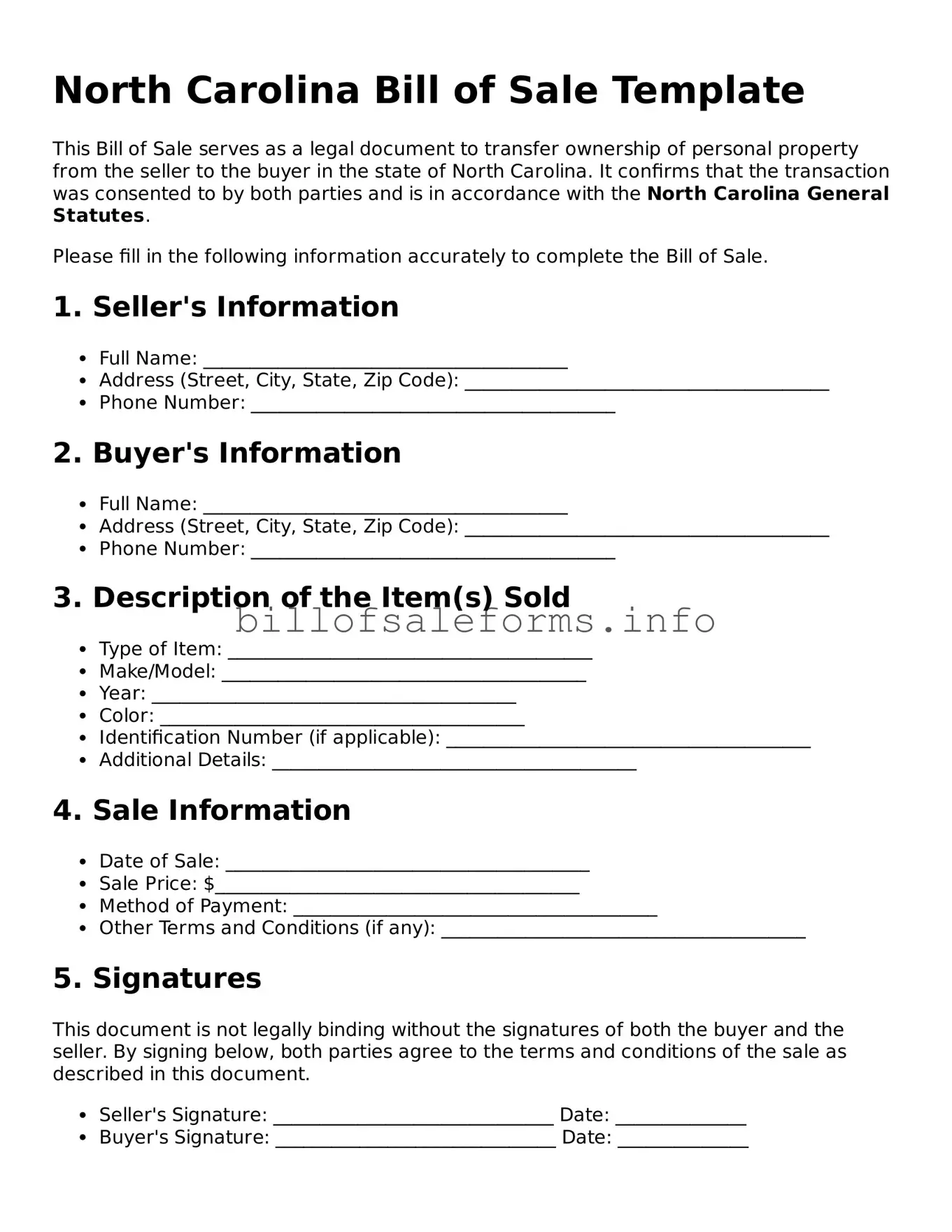 Legal Bill of Sale Form for North Carolina State