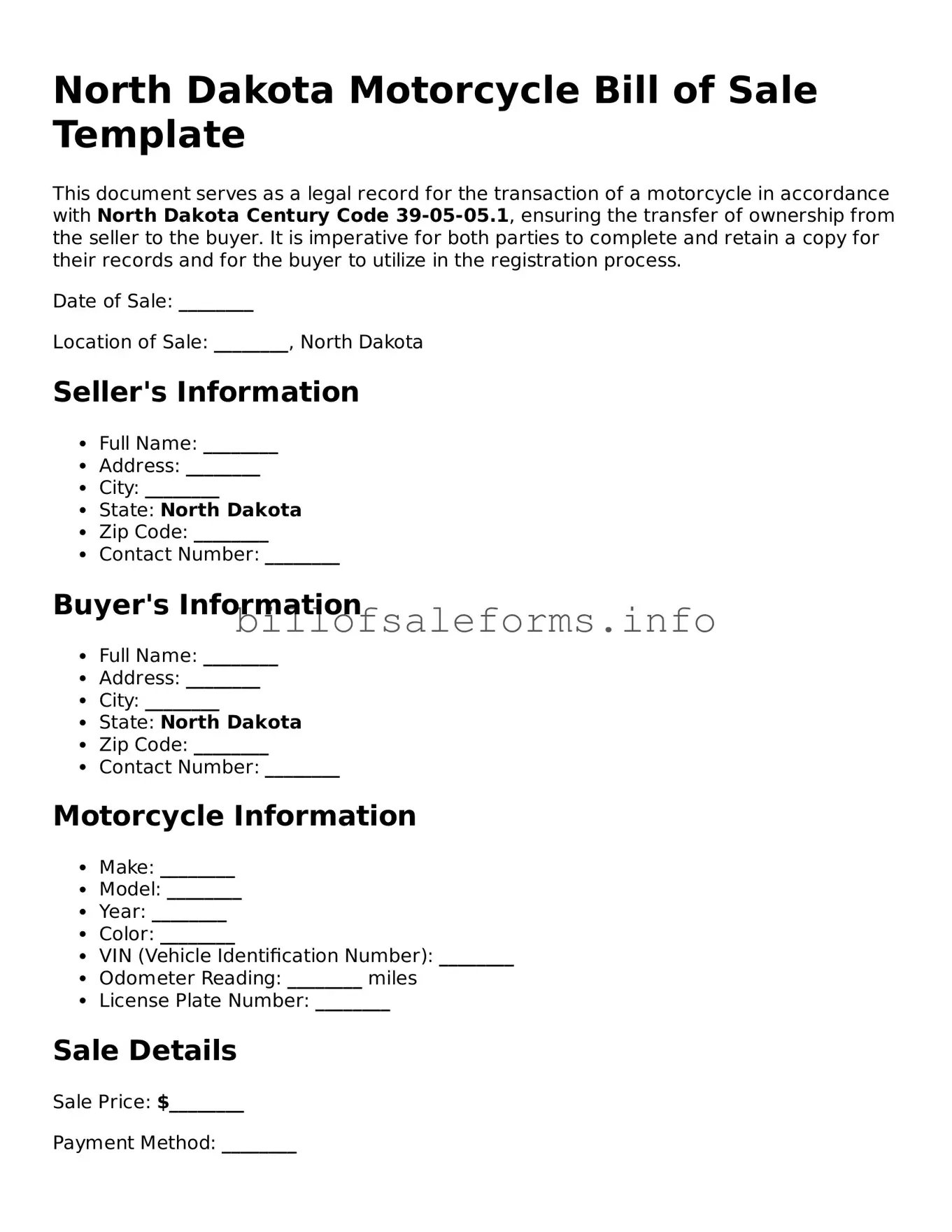Legal Motorcycle Bill of Sale Form for North Dakota State