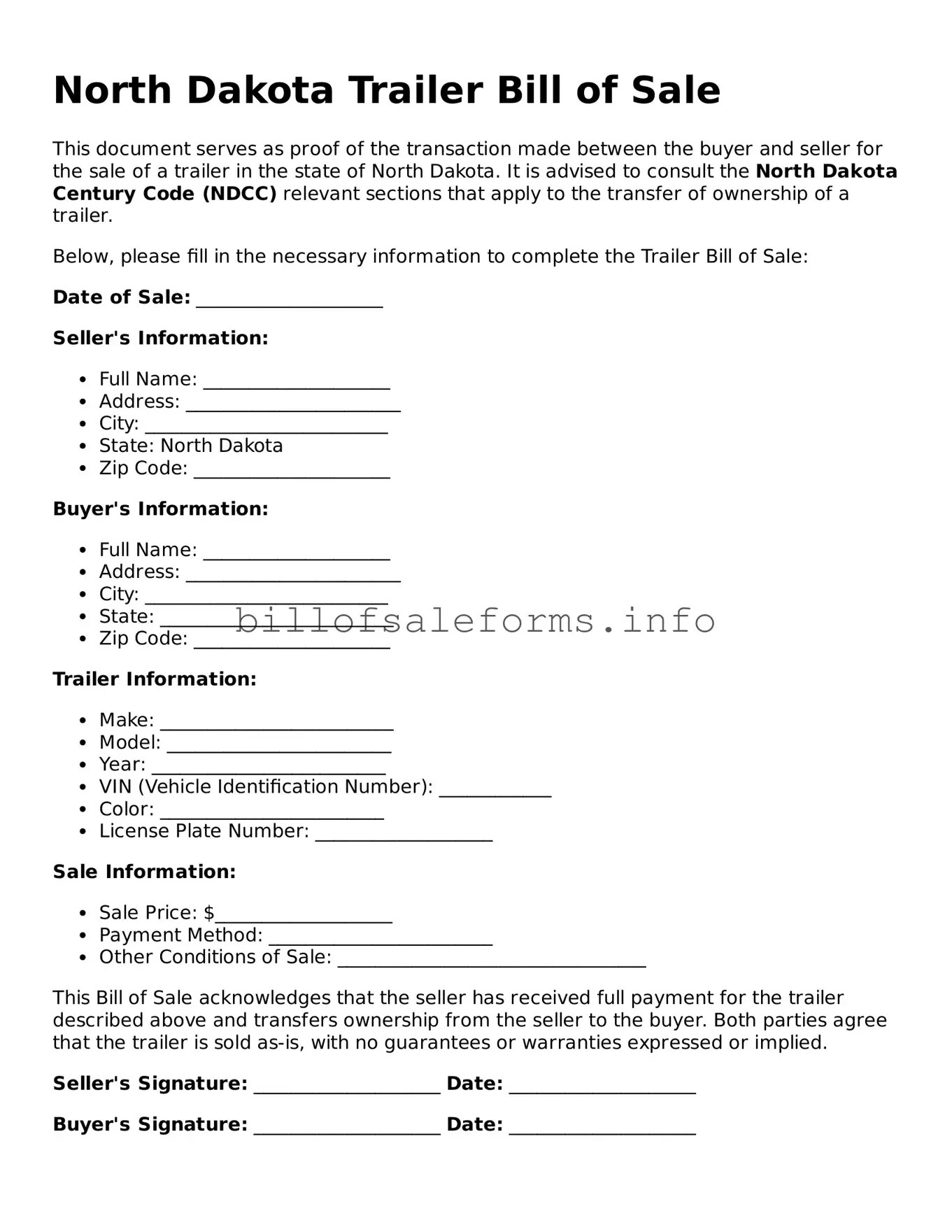 Legal Trailer Bill of Sale Form for North Dakota State