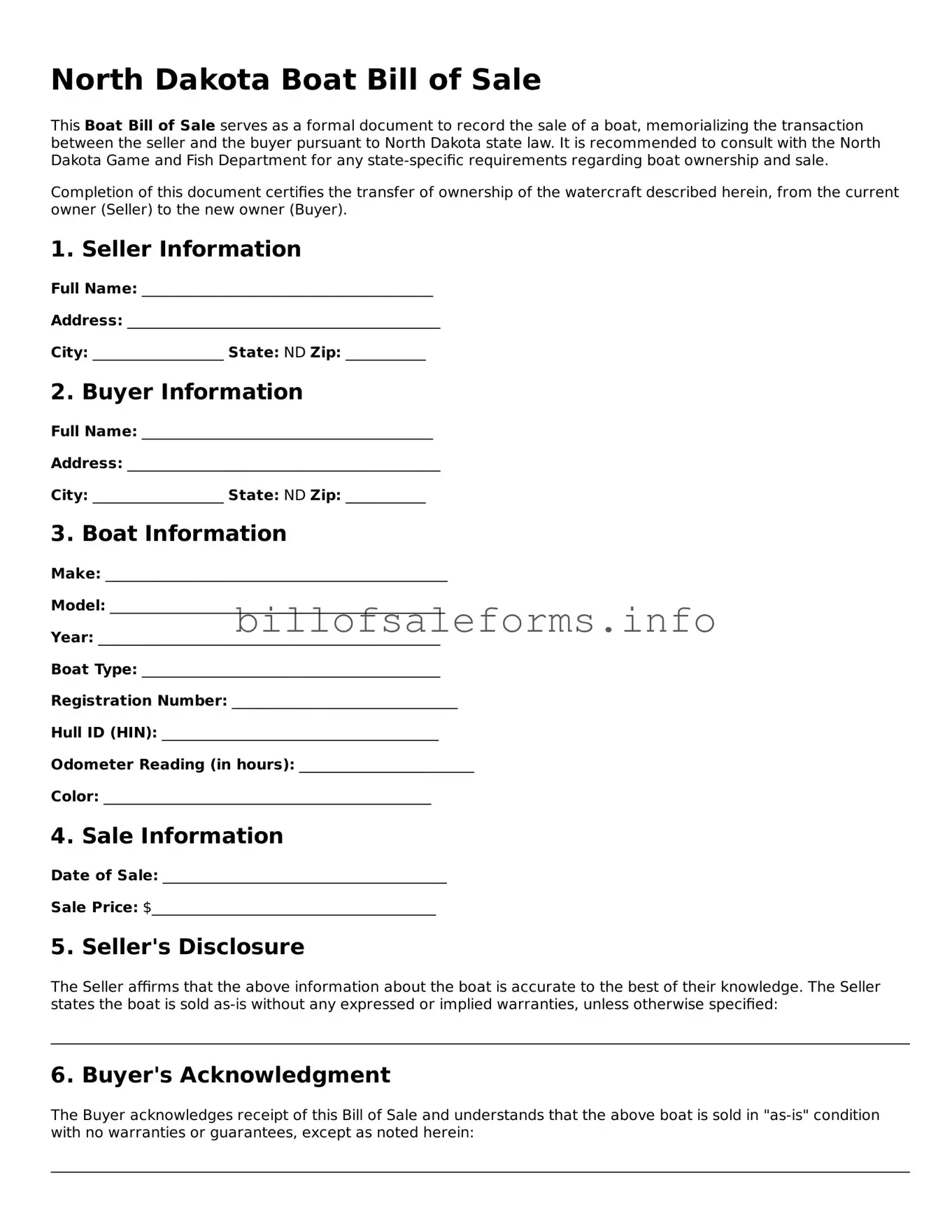 Legal Boat Bill of Sale Form for North Dakota State