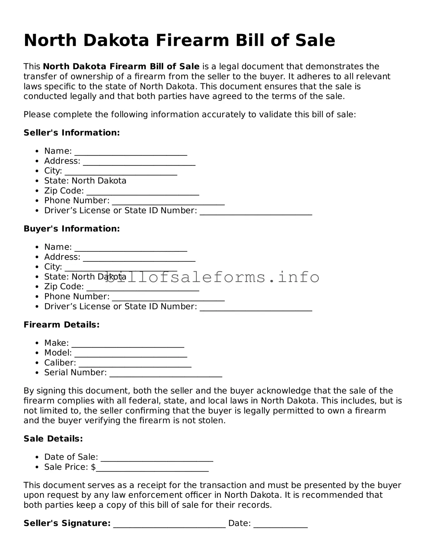 Legal Firearm Bill of Sale Form for North Dakota State