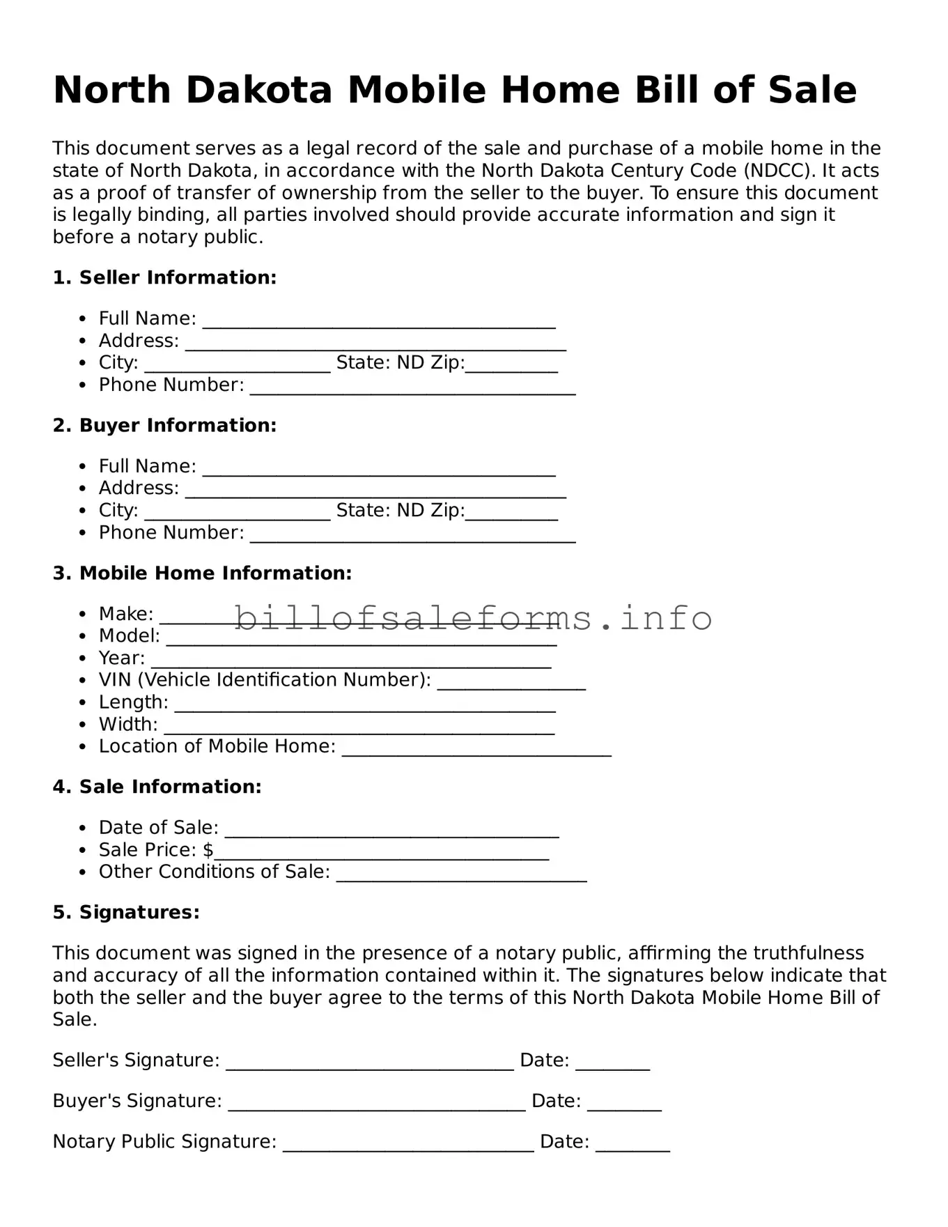 Legal Mobile Home Bill of Sale Form for North Dakota State