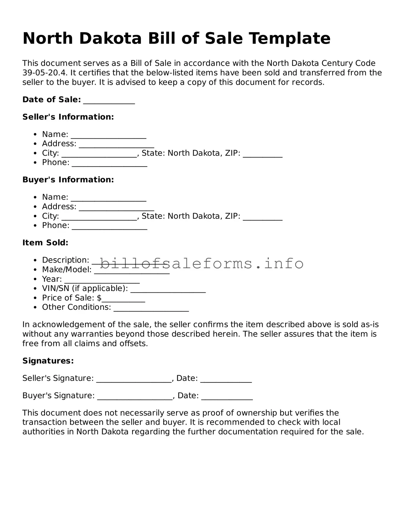 Legal Bill of Sale Form for North Dakota State