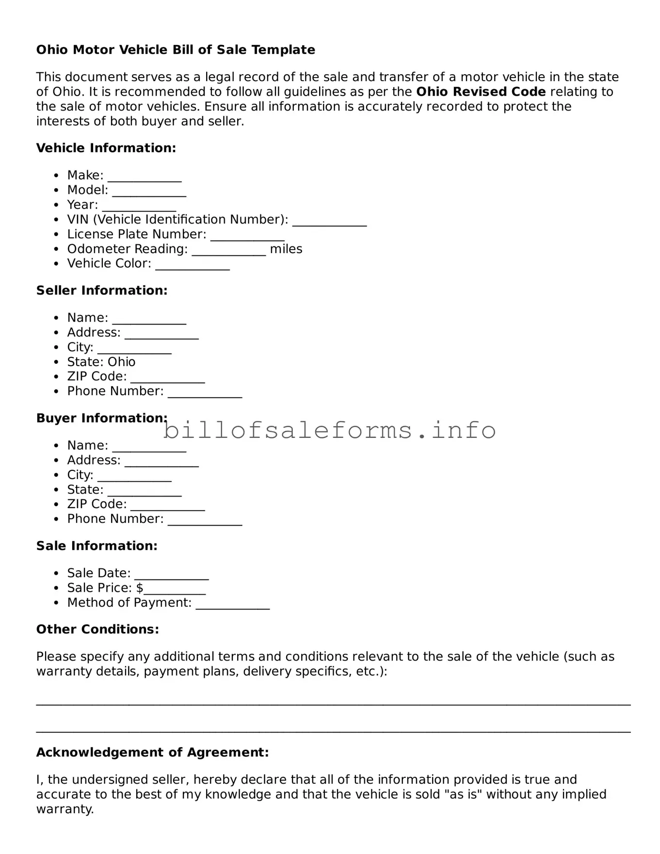 Legal Motor Vehicle Bill of Sale Form for Ohio State