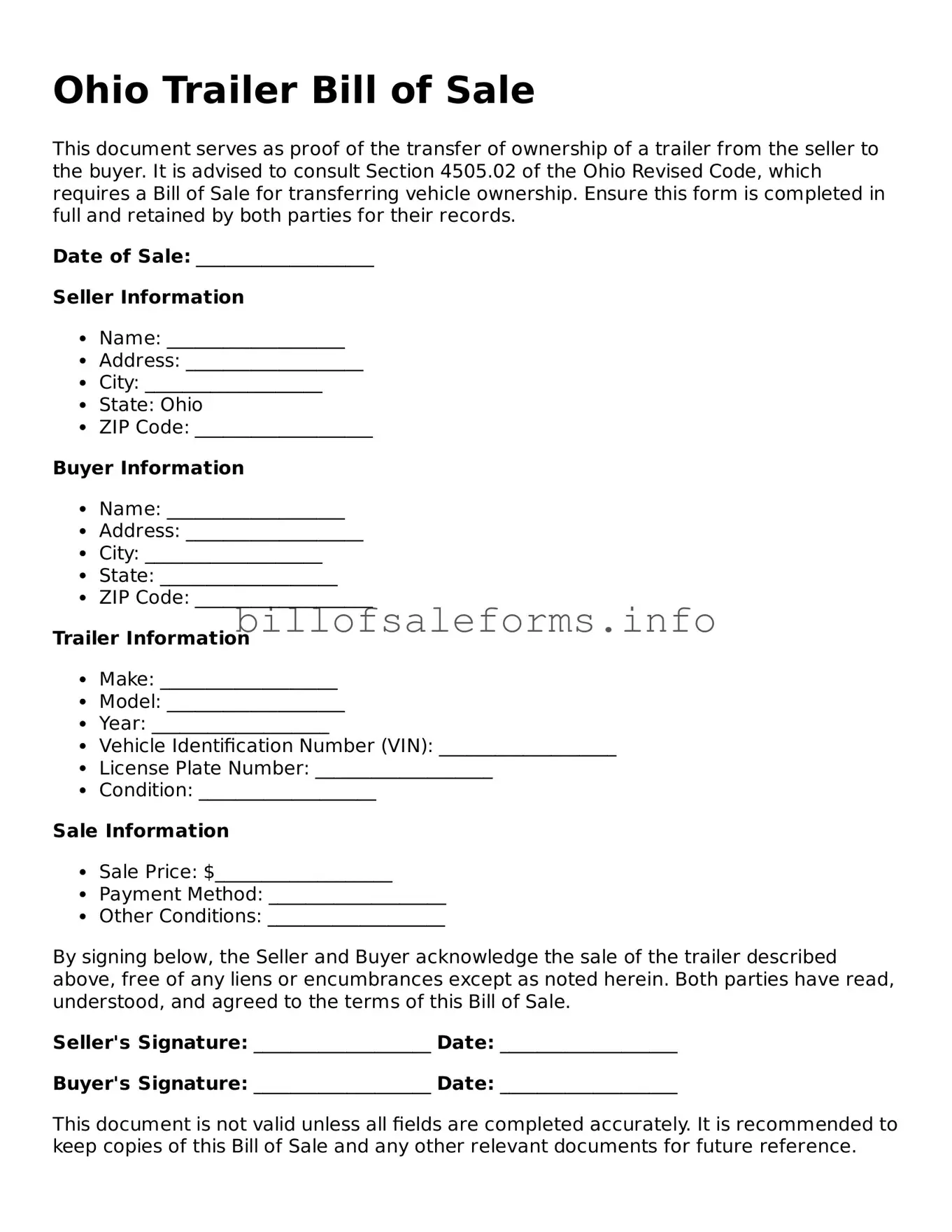 Legal Trailer Bill of Sale Form for Ohio State