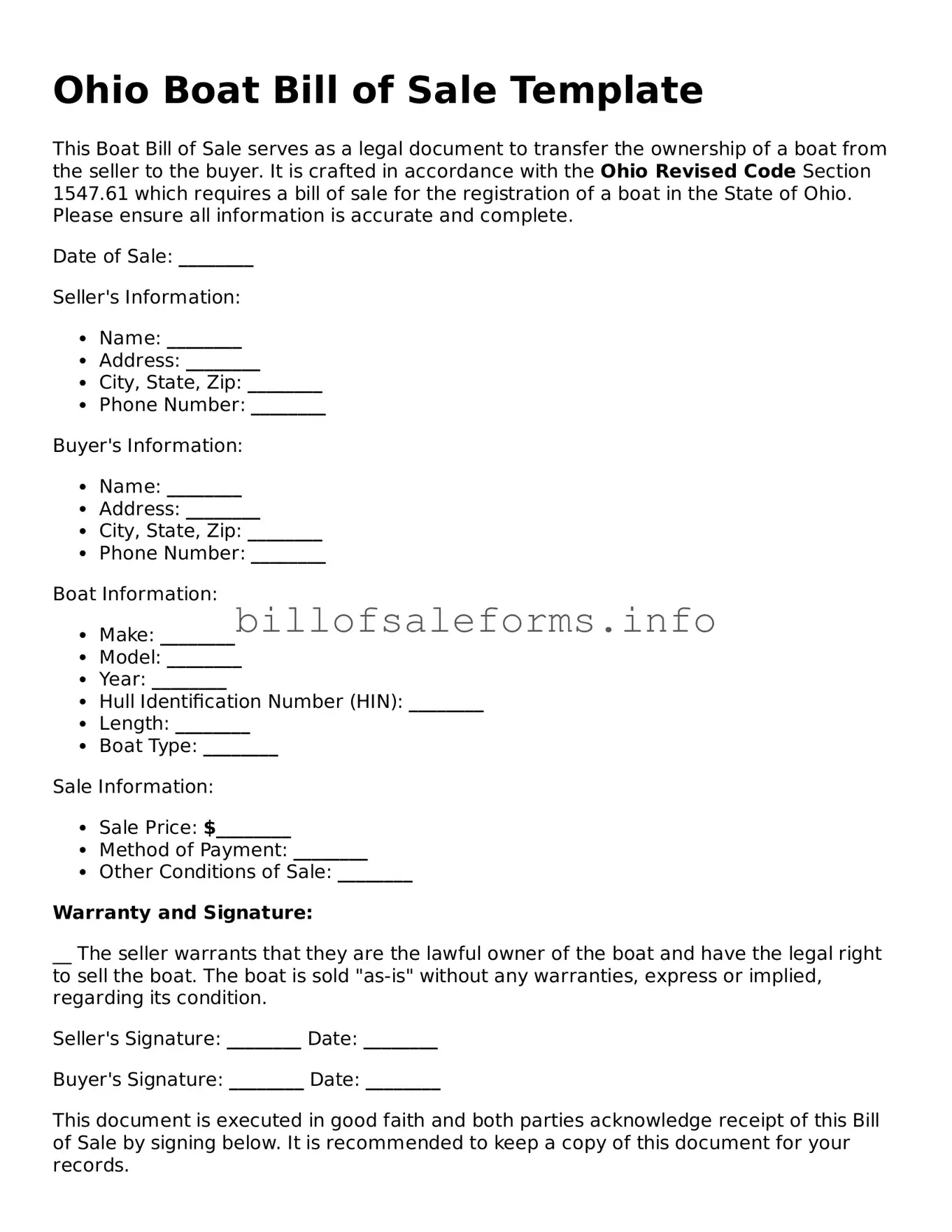 Legal Boat Bill of Sale Form for Ohio State