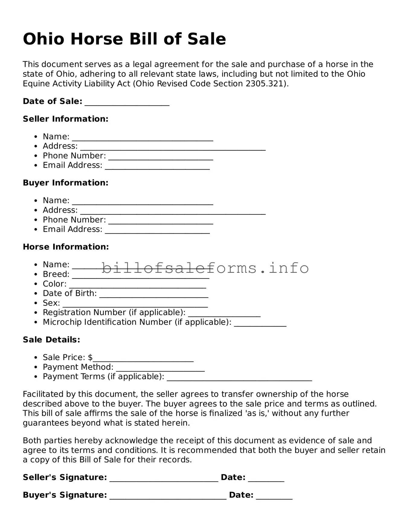 Legal Horse Bill of Sale Form for Ohio State