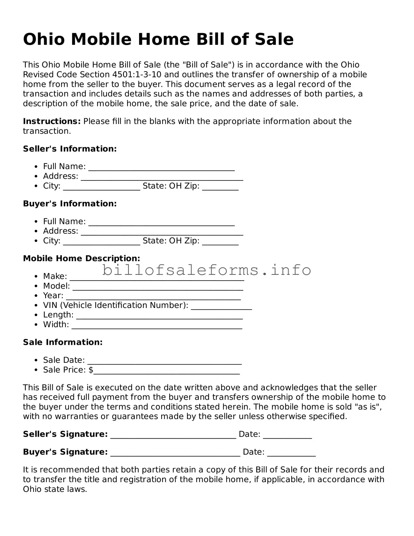 Legal Mobile Home Bill of Sale Form for Ohio State