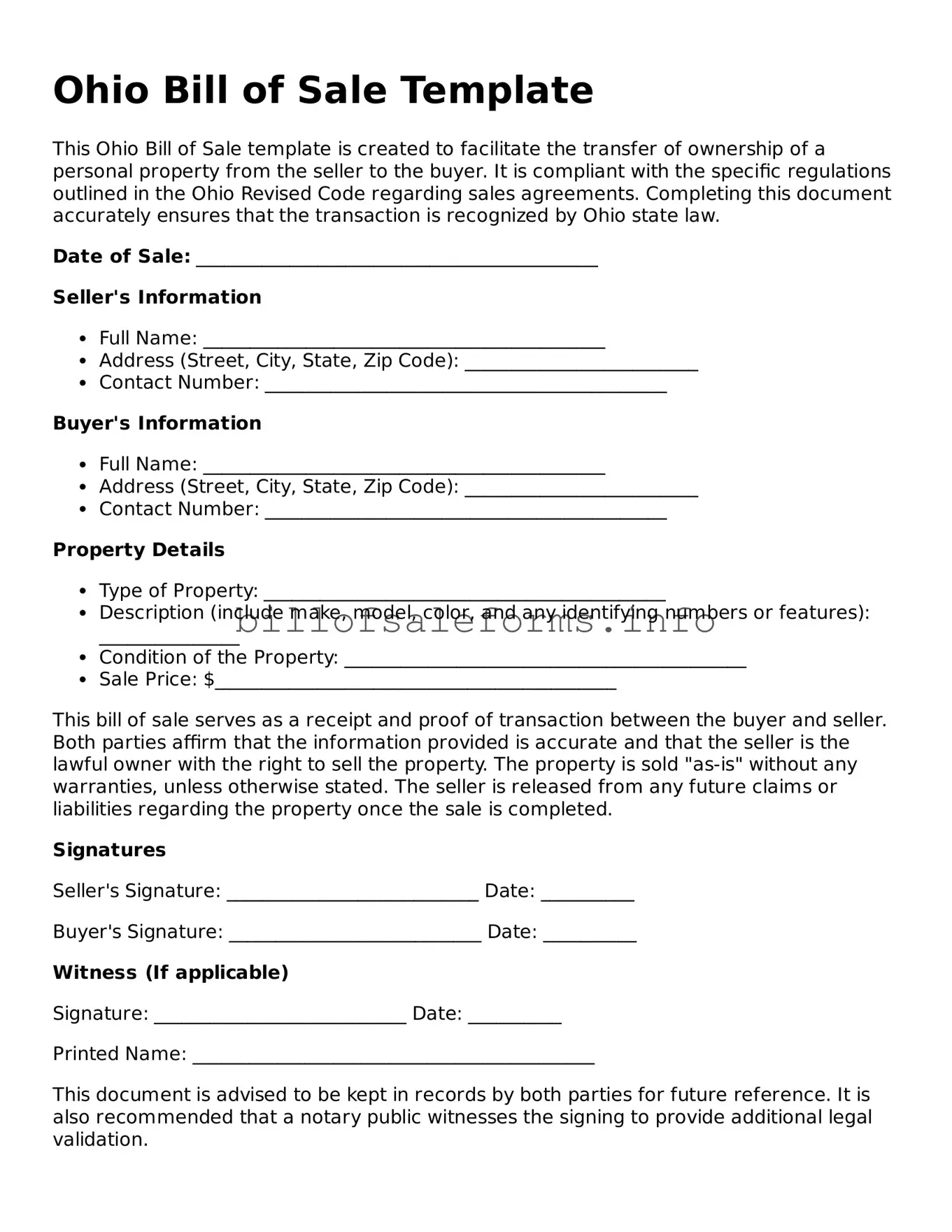 Legal Bill of Sale Form for Ohio State