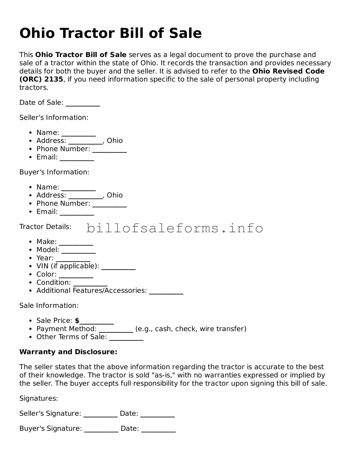 Legal Tractor Bill of Sale Form for Ohio State