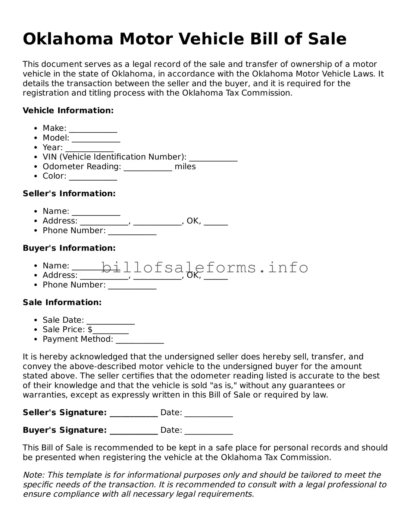 Legal Motor Vehicle Bill of Sale Form for Oklahoma State