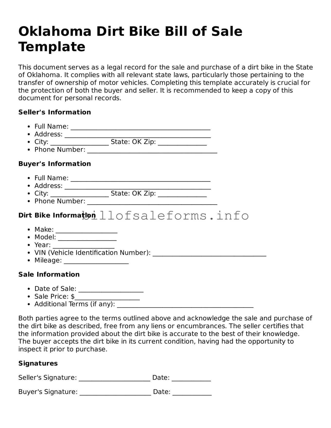 Legal Dirt Bike Bill of Sale Form for Oklahoma State