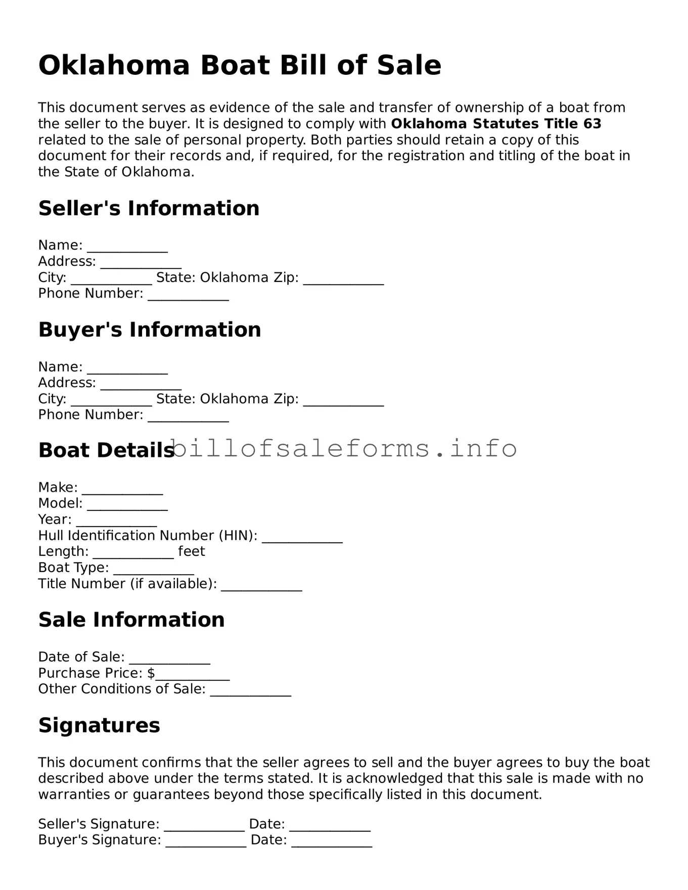 Legal Boat Bill of Sale Form for Oklahoma State