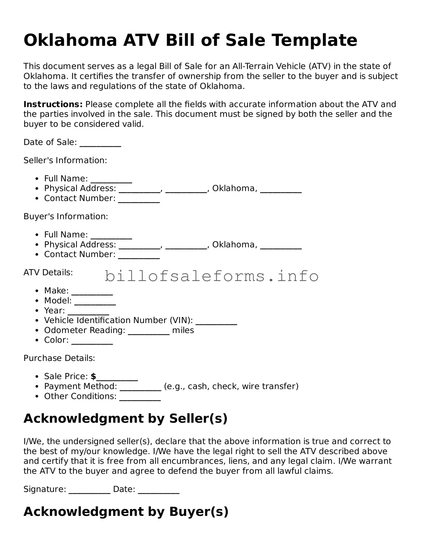Legal ATV Bill of Sale Form for Oklahoma State